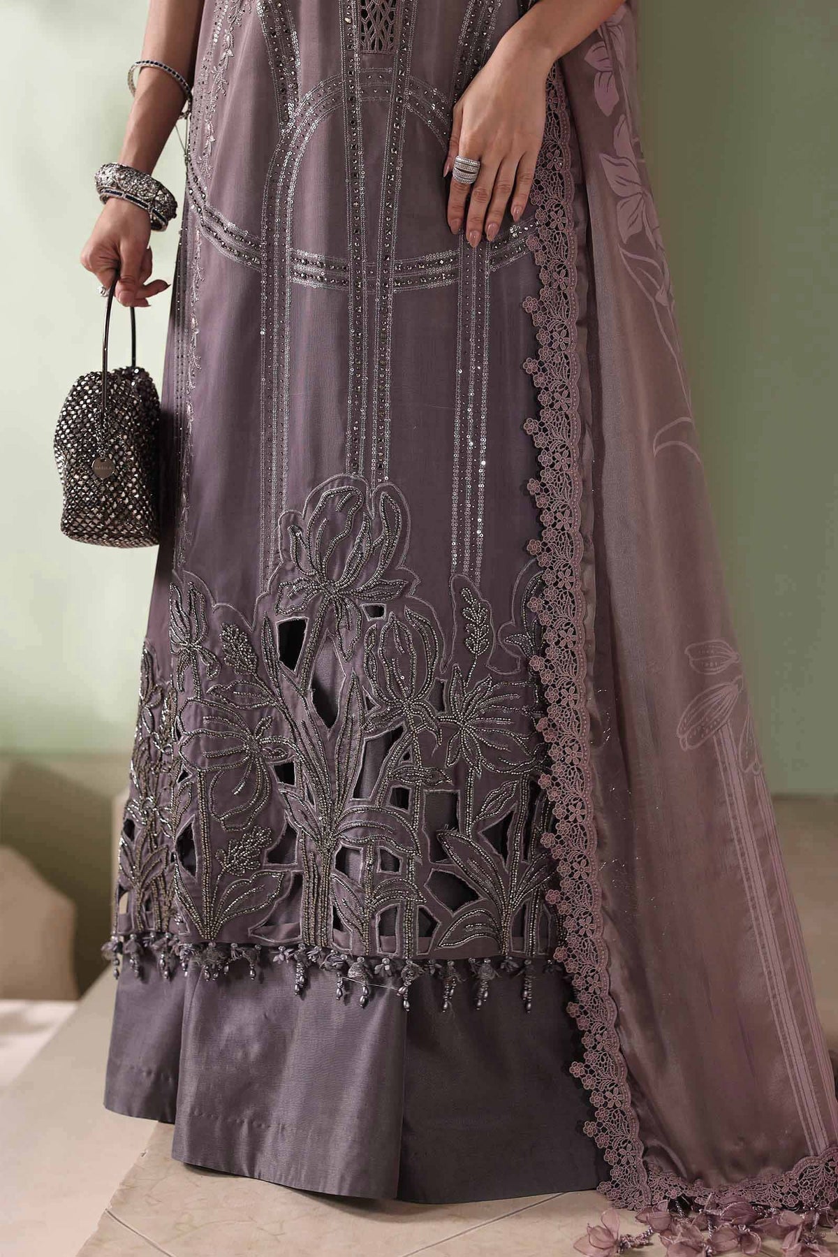 Maria B Soiree Luxury Formals 26/Embroidered Bell Raw Silk Suit/Coffee &Grey