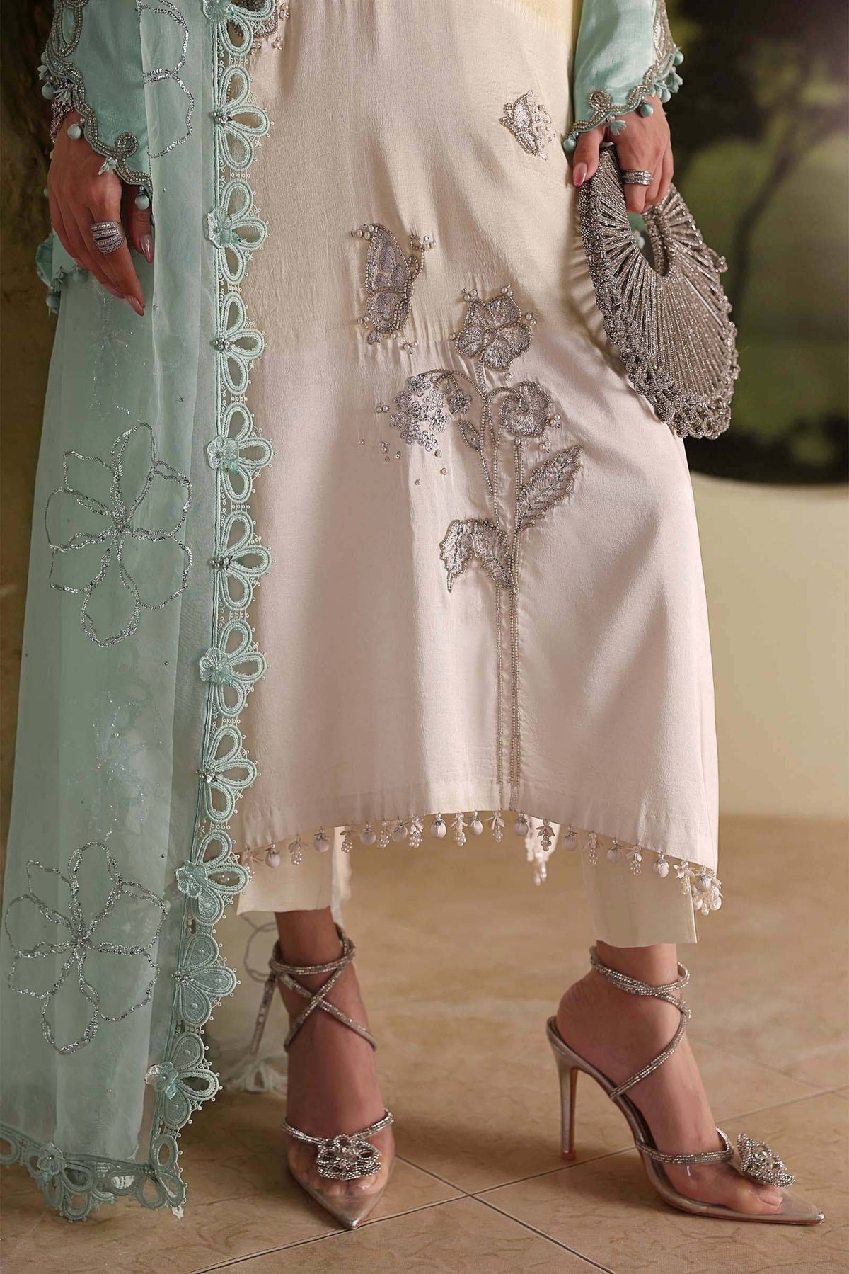 Maria B Soiree Luxury Formals 26/Raw Silk Suit/Aqua & Off White-Crystal Mint