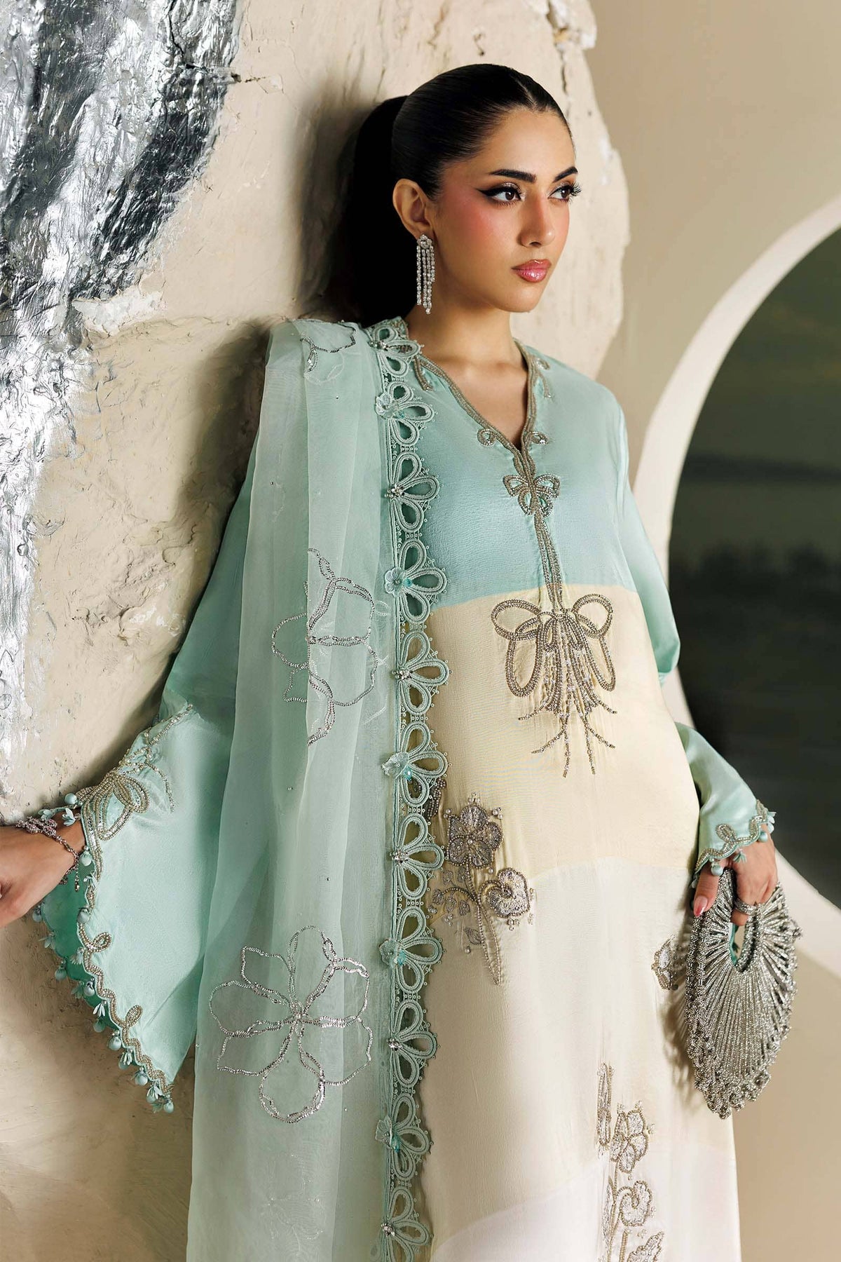 Maria B Soiree Luxury Formals 26/Raw Silk Suit/Aqua & Off White-Crystal Mint