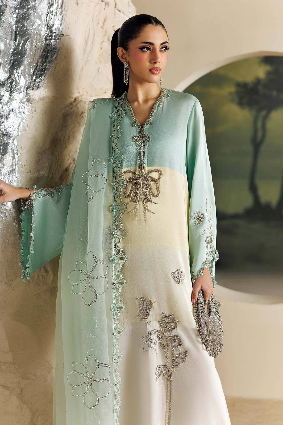 Maria B Soiree Luxury Formals 26/Raw Silk Suit/Aqua & Off White-Crystal Mint