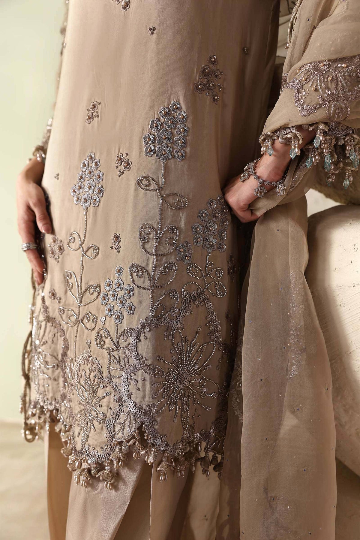 Maria B Soiree Luxury Formals 26/Tusser Silk Suit/Champagne Beige-Coffee