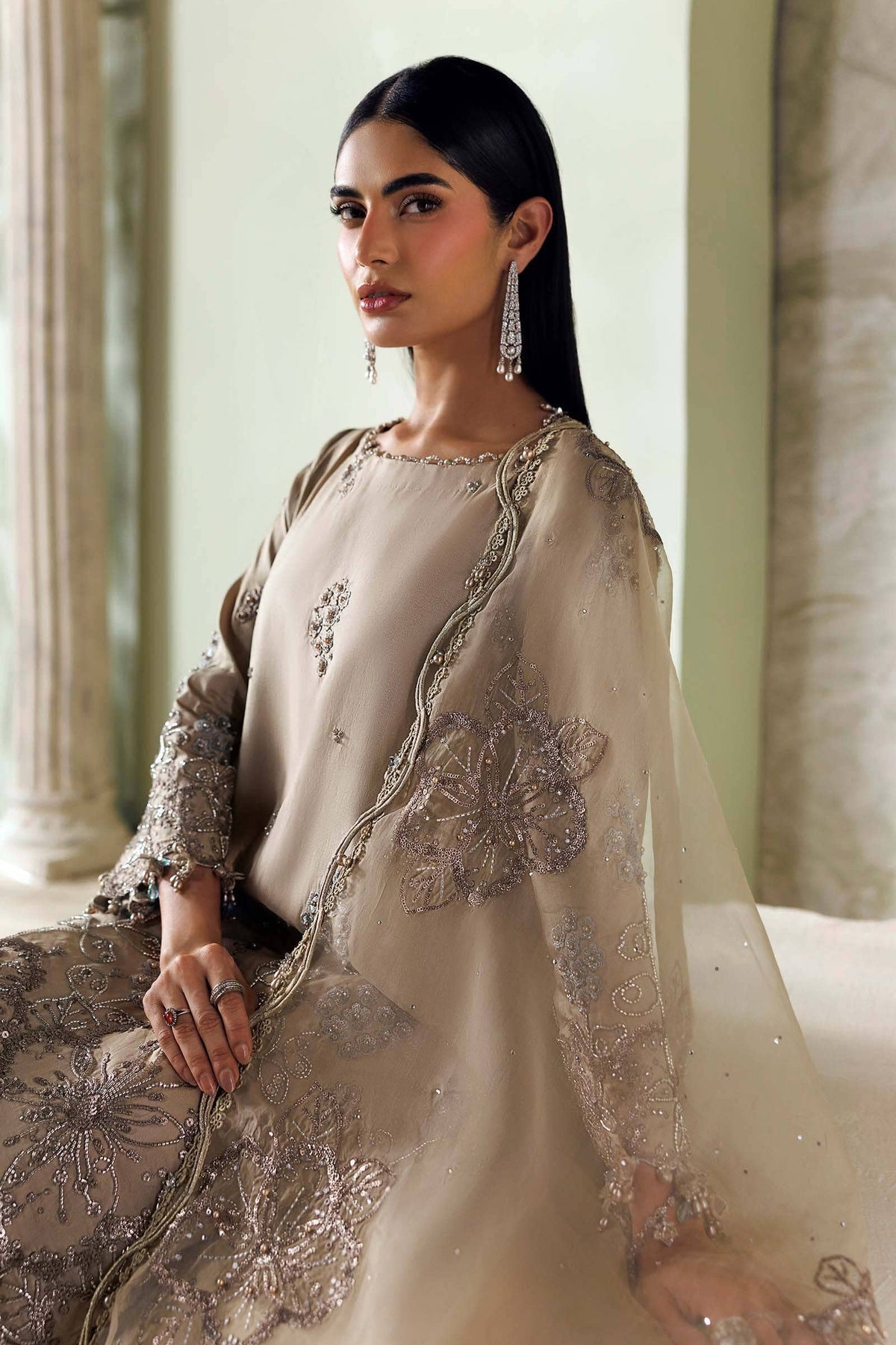 Maria B Soiree Luxury Formals 26/Tusser Silk Suit/Champagne Beige-Coffee