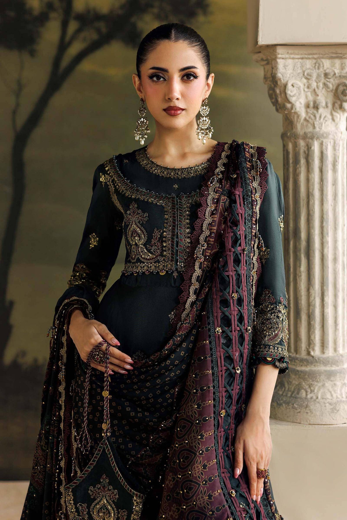 Maria B Soiree Luxury Formals 26/Tusser Silk Suit/Dark Green-imperial Burgundy