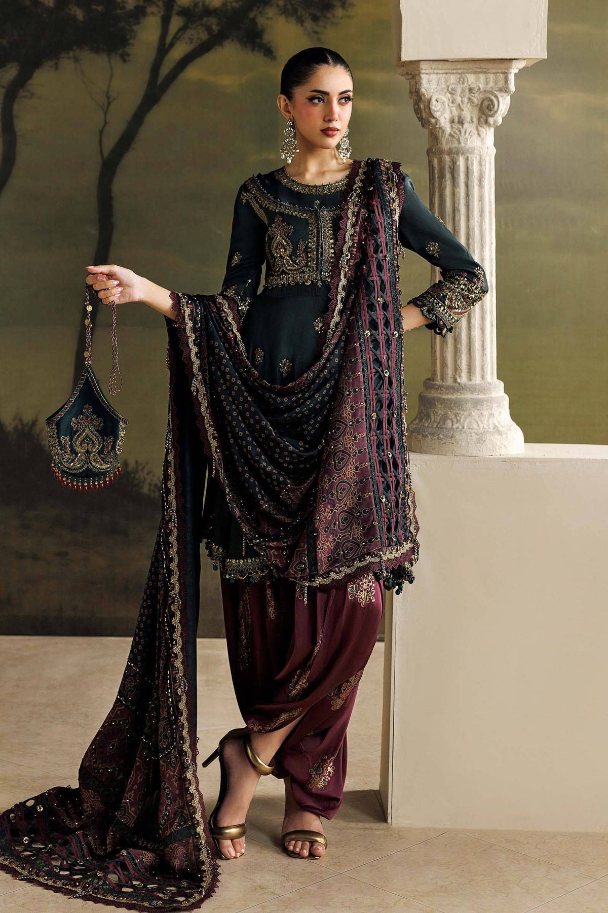 Maria B Soiree Luxury Formals 26/Tusser Silk Suit/Dark Green-imperial Burgundy