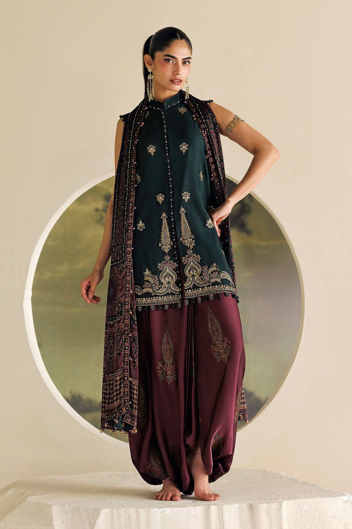 Maria B Soiree Luxury Formals 26/Tusser Silk Suit/Dark Green-imperial Burgundy