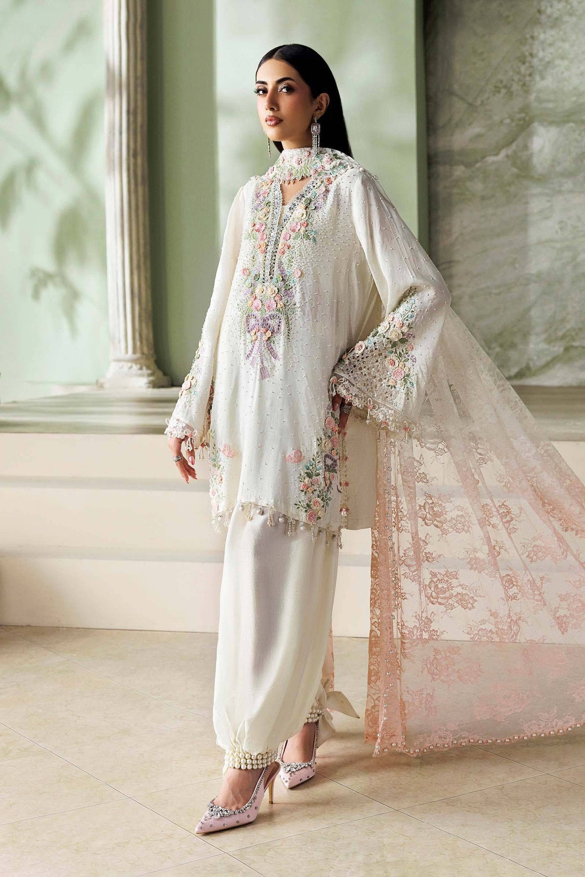 Maria B Soiree Luxury Formals 26/Tusser Silk Suit/Off White