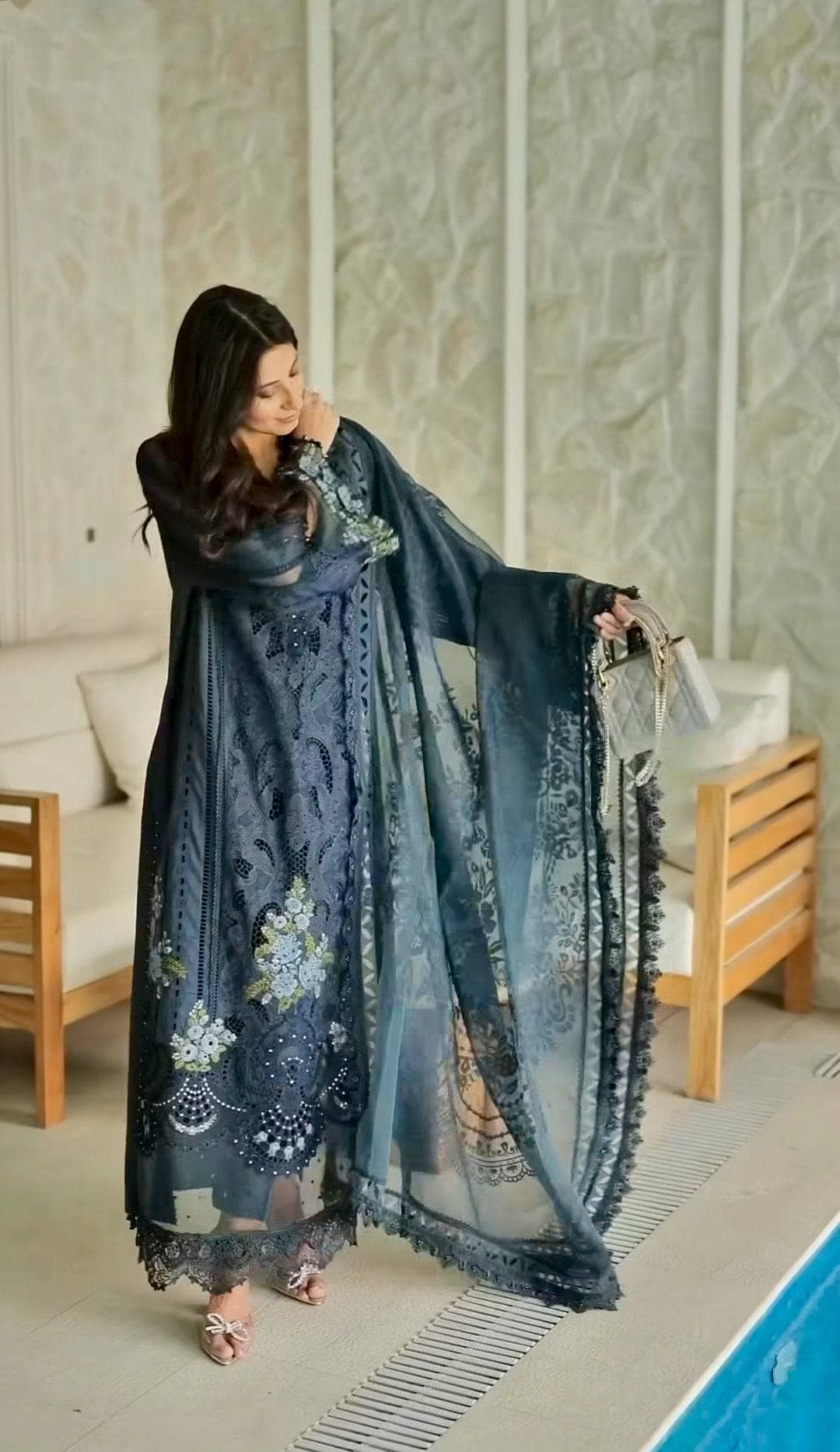 Spotted in Maria B Luxury Lawn 25/4B/Navy Blue