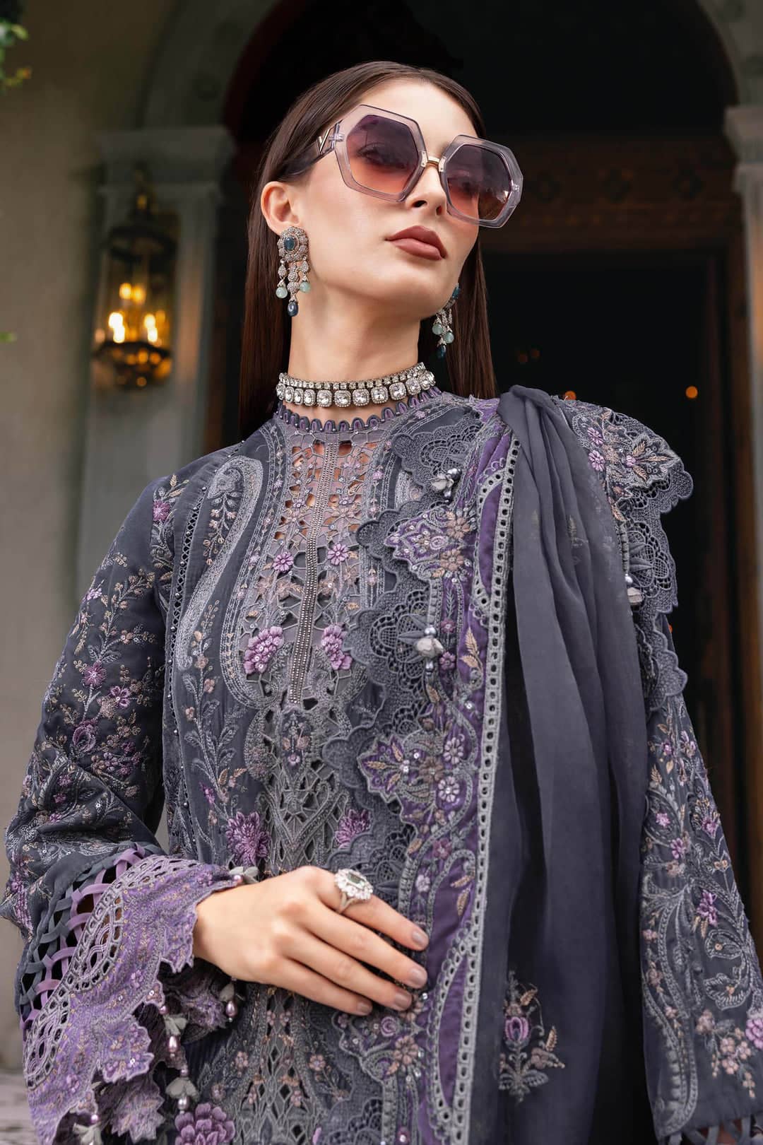 MARIA.B Winter Pakistani Suits Restocked/Maria B Winter Luxe 25/05/Embroidered Velvet Suit/Lilac & Grey