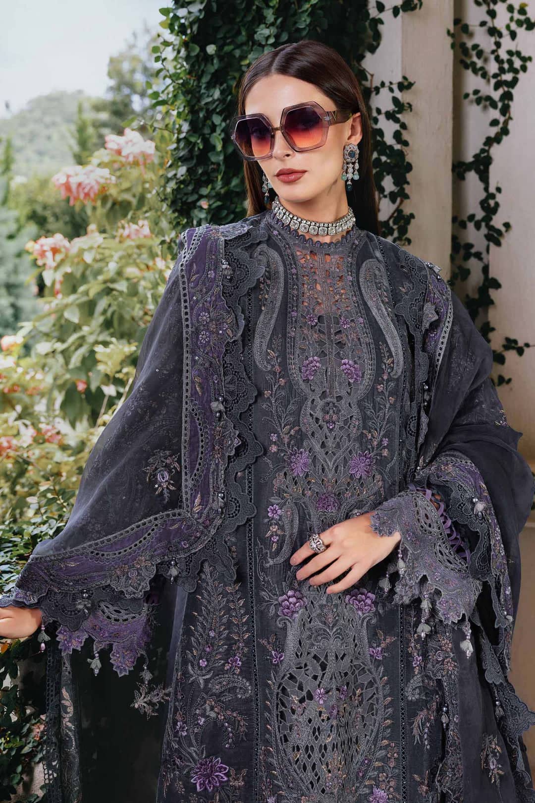 MARIA.B Winter Pakistani Suits Restocked/Maria B Winter Luxe 25/05/Embroidered Velvet Suit/Lilac & Grey