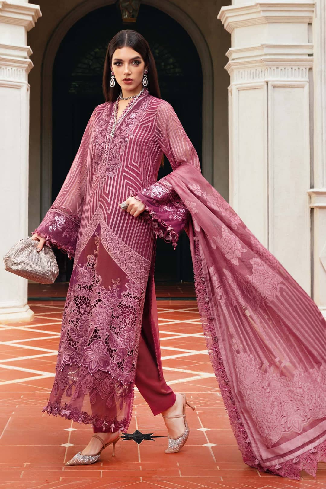 MARIA.B Winter Pakistani Suits Restocked/Maria B Winter Luxe 25/ Embroidered Organza Suit/04/Ash Pink