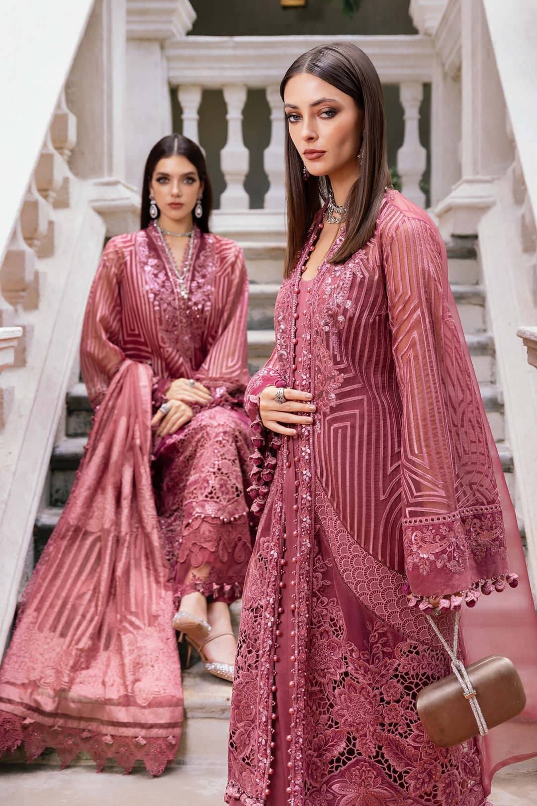 MARIA.B Winter Pakistani Suits Restocked/Maria B Winter Luxe 25/ Embroidered Organza Suit/04/Ash Pink