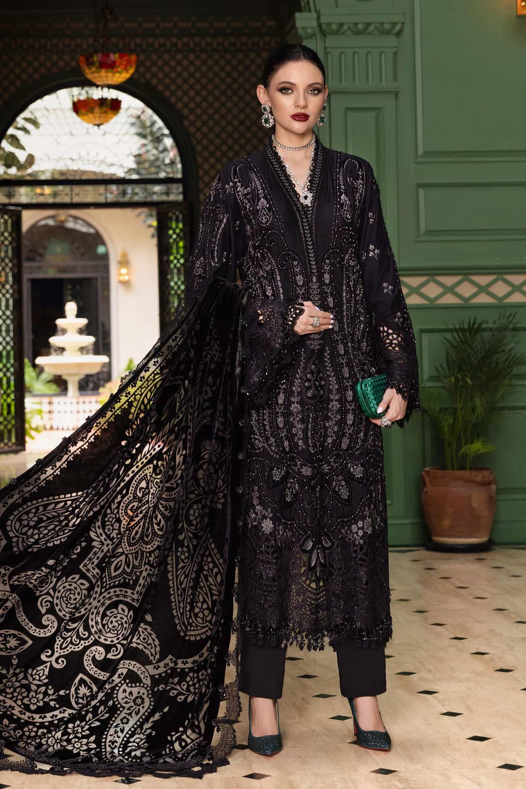 MARIA.B Winter Pakistani Suits Restocked/Maria B Winter Luxe 25/Embroideried Linen Suit/Velvet Palachi Shawl/07/Black