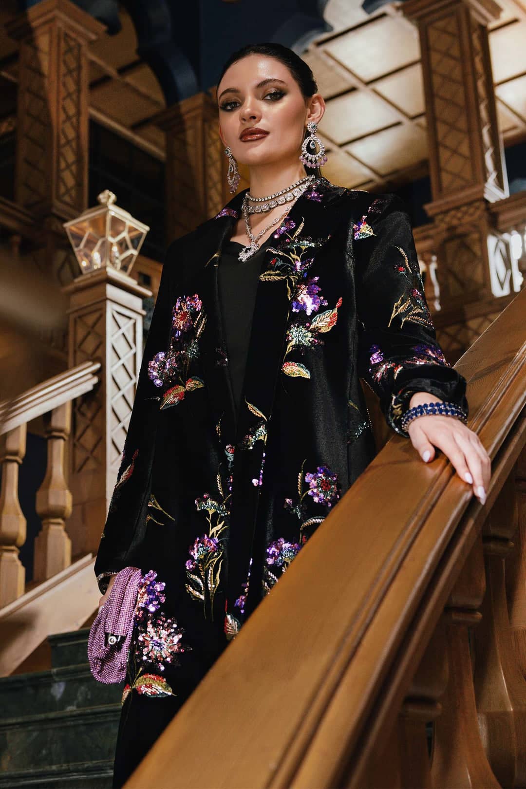 MARIA.B Winter Pakistani Suits Restocked/Maria B Winter Luxe 25/Embroideried Velvet Suit/06/Black & Purple