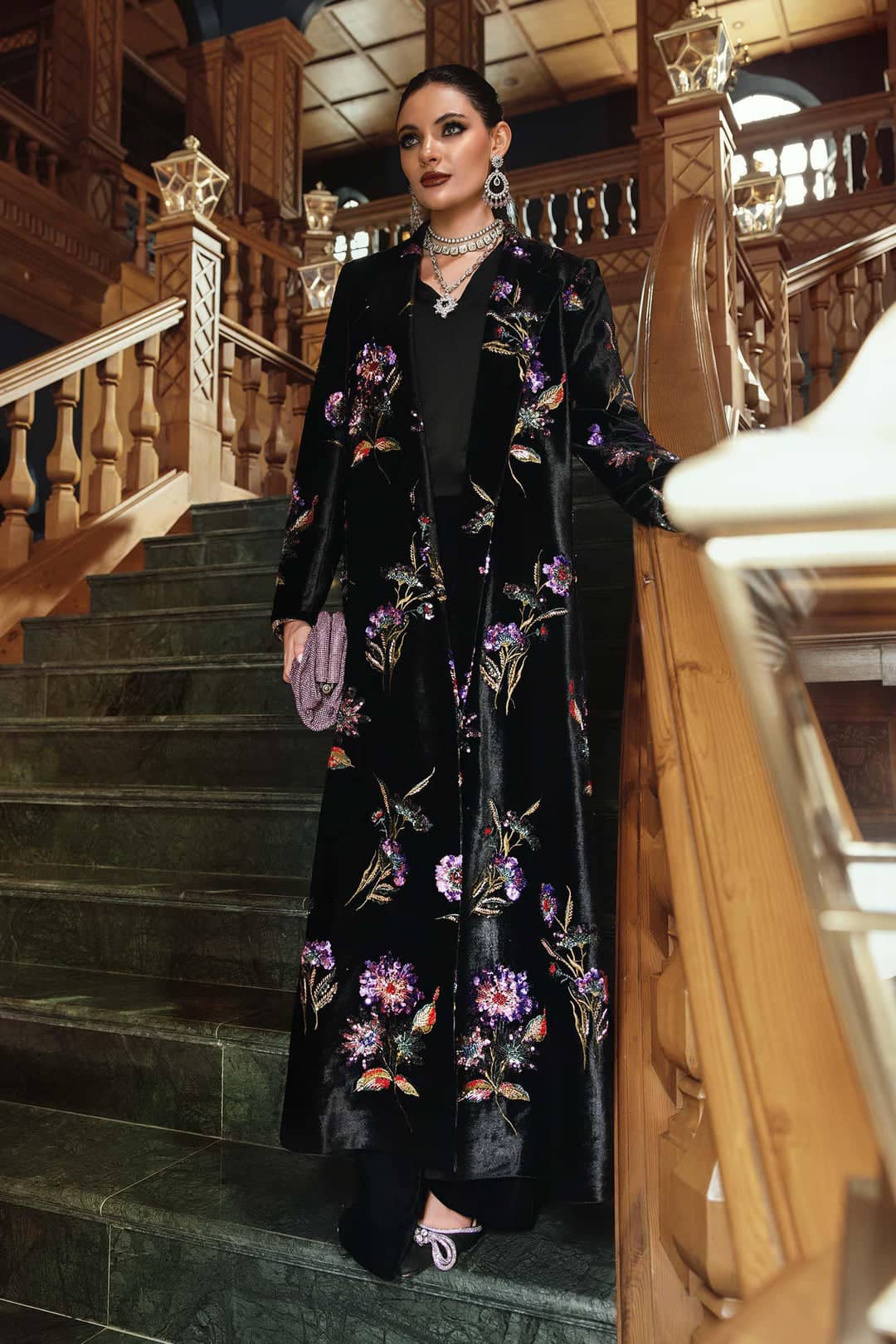 MARIA.B Winter Pakistani Suits Restocked/Maria B Winter Luxe 25/Embroideried Velvet Suit/06/Black & Purple