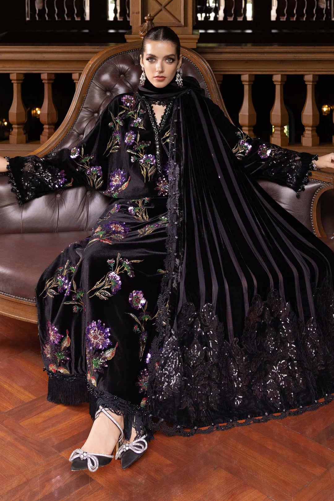 MARIA.B Winter Pakistani Suits Restocked/Maria B Winter Luxe 25/Embroideried Velvet Suit/06/Black & Purple