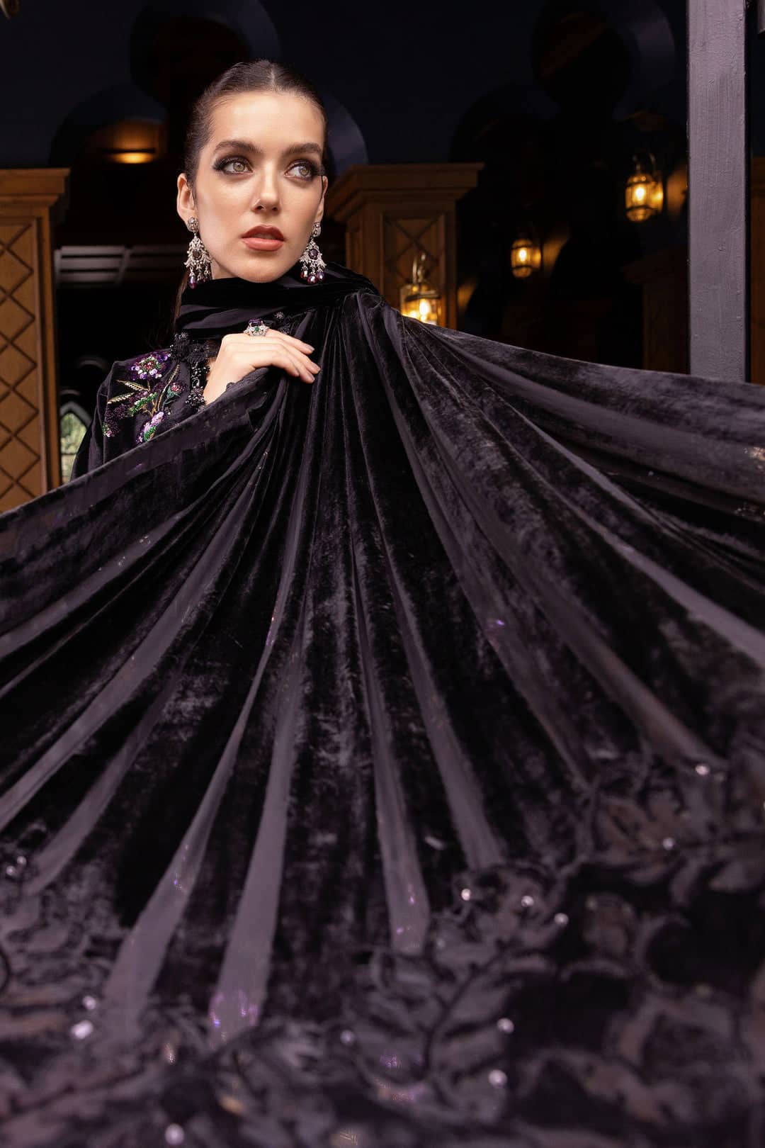 MARIA.B Winter Pakistani Suits Restocked/Maria B Winter Luxe 25/Embroideried Velvet Suit/06/Black & Purple