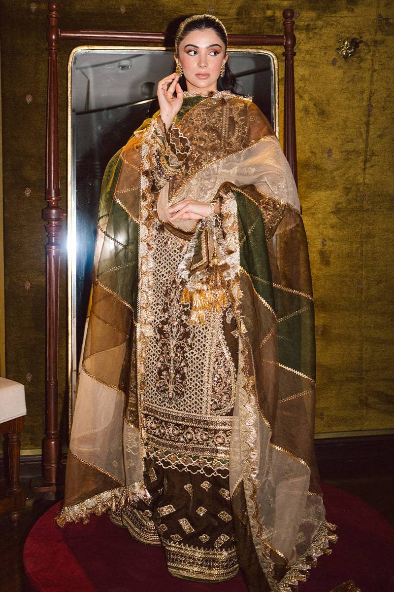 Mohsin Naveed Ranjha Chiffon Pakistani Suit Mohsin Naveed Ranjha 25/Makhfi/Shaadi Collection/Brown/Tabeer