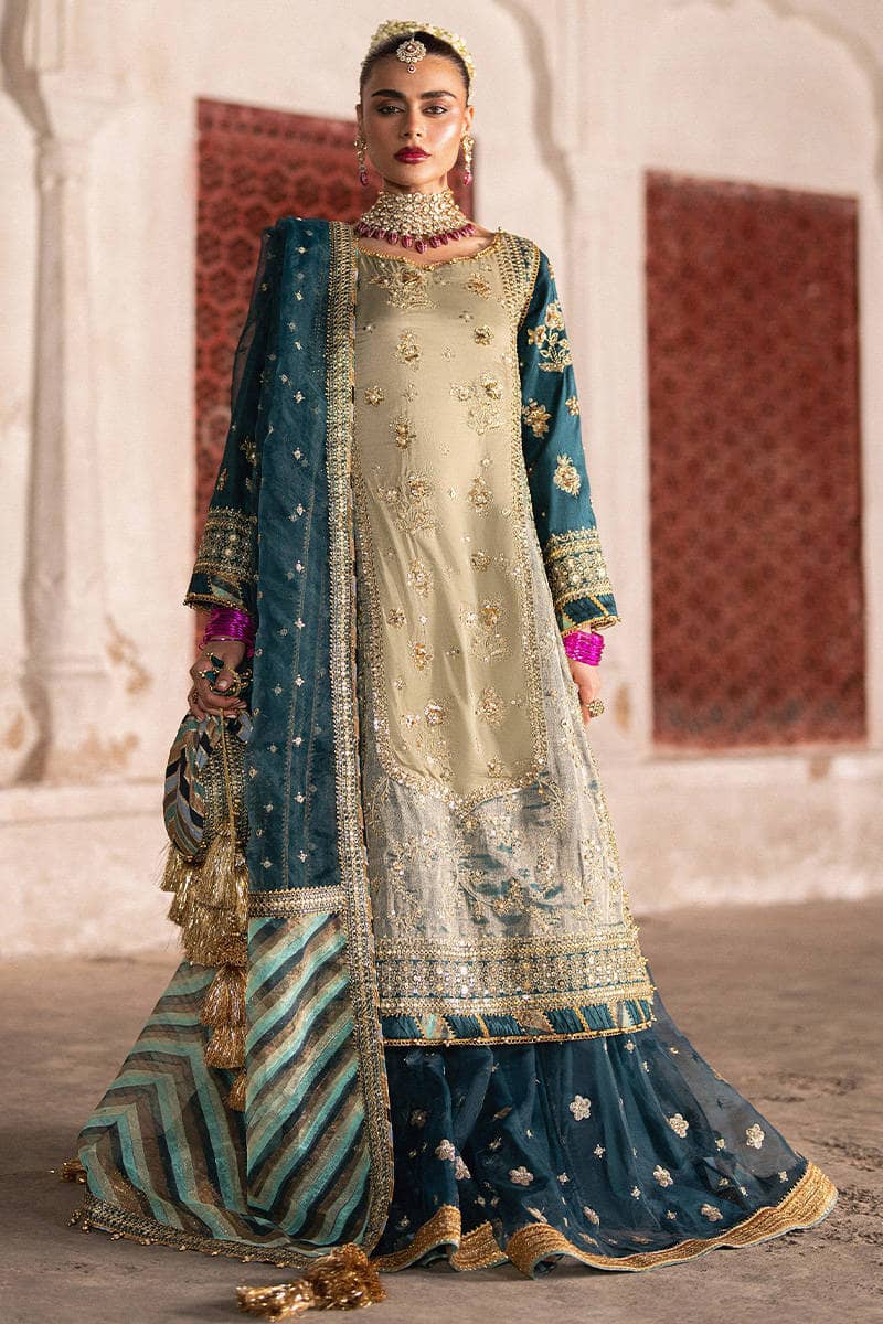 Mohsin Naveed Ranjha Chiffon Pakistani Suit Mohsin Naveed Ranjha 25/Makhfi/Shaadi Collection/Teal Blue/Lehar