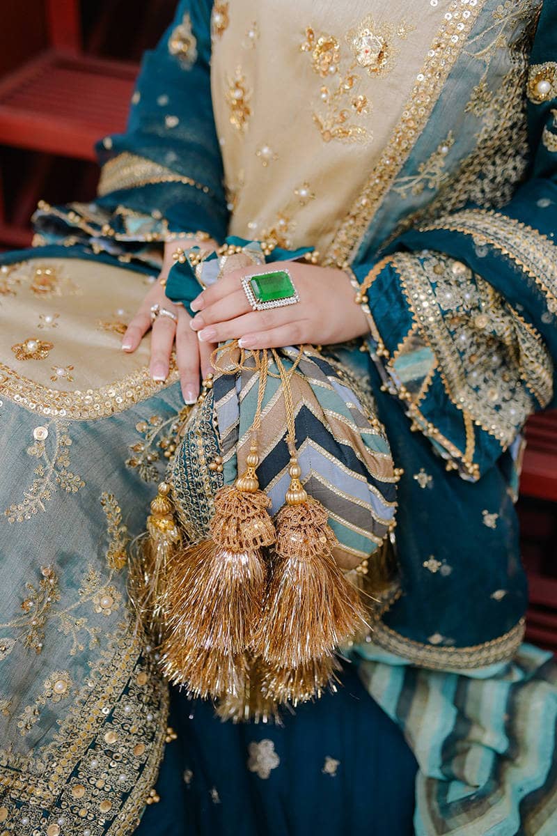 Mohsin Naveed Ranjha Chiffon Pakistani Suit Mohsin Naveed Ranjha 25/Makhfi/Shaadi Collection/Teal Blue/Lehar