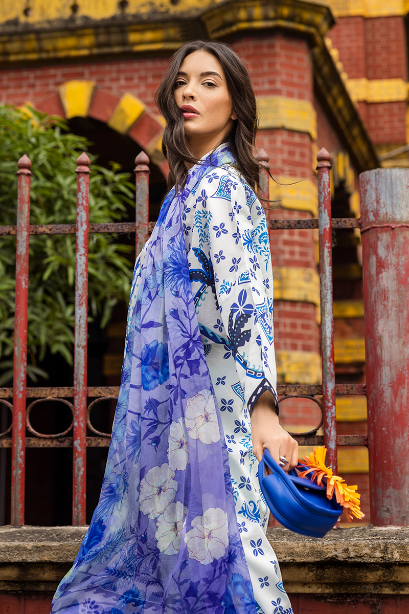 Restocked/Mushq La Dolce Hemline Prints/Ksenia/White &Blue/Chiffon Dupatta