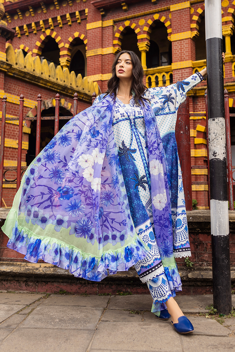 Restocked/Mushq La Dolce Hemline Prints/Ksenia/White &Blue/Chiffon Dupatta