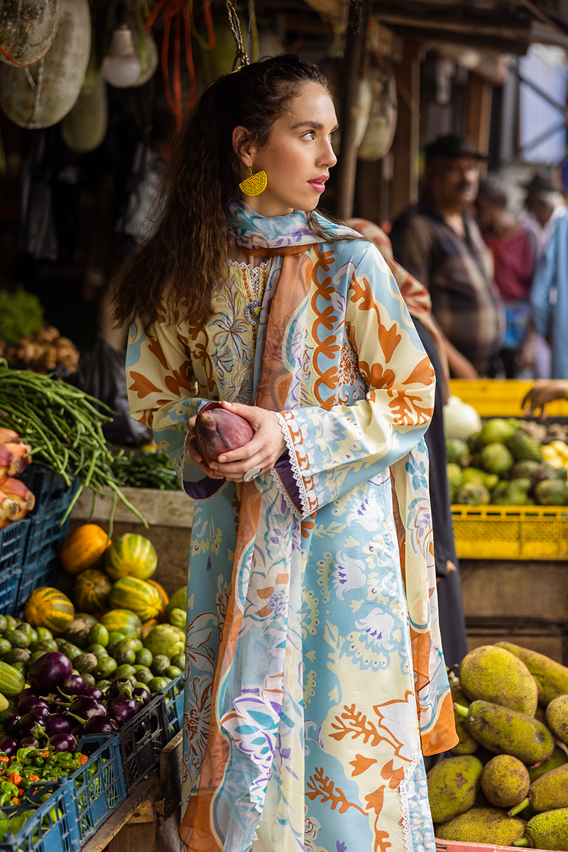 Restocked/Mushq La Dolce Hemline Prints/Zita/Sky Blue/Chiffon Dupatta