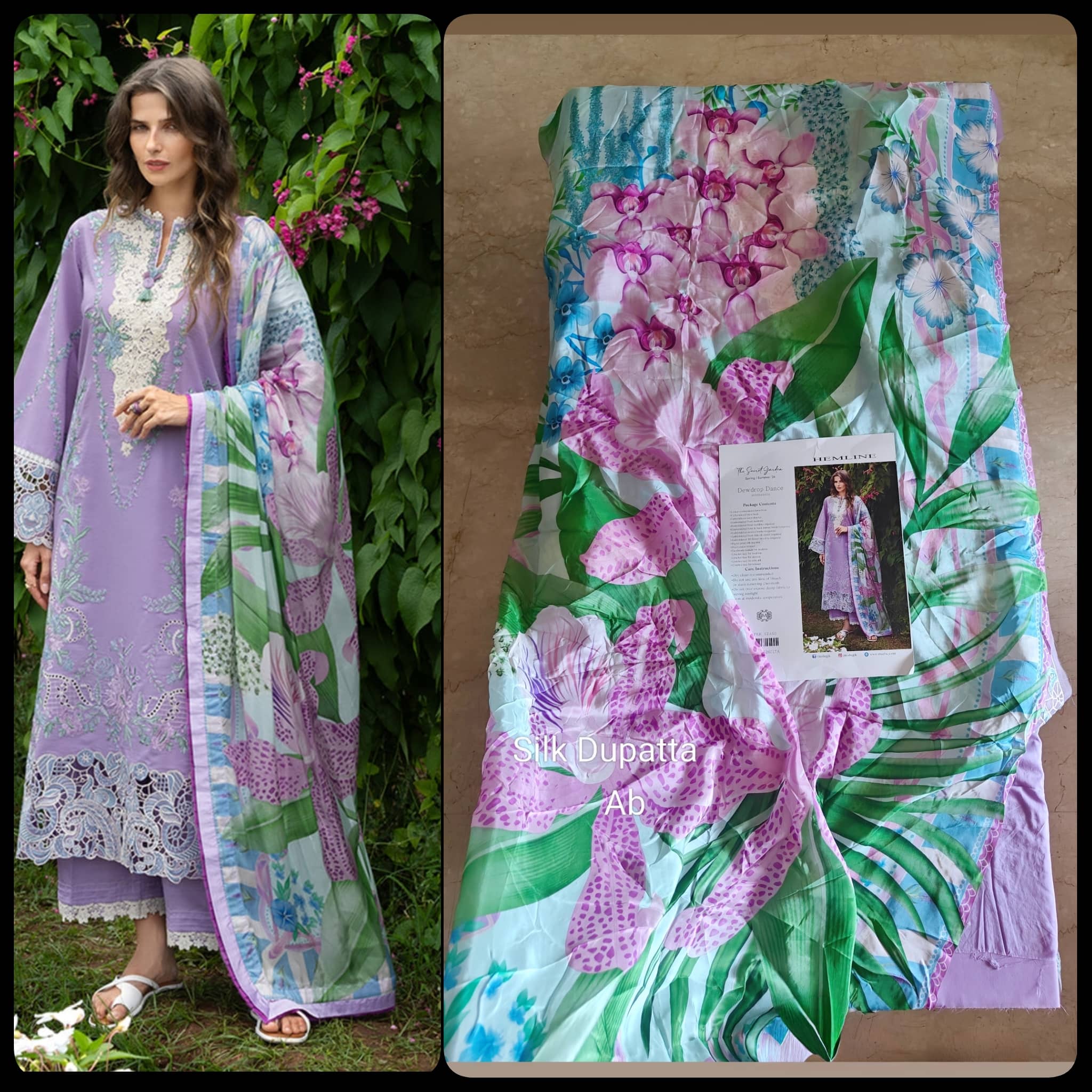 Open Pic/Mushq Hemline 26/Dewdrop Dance/Silk Dupatta/Lilac