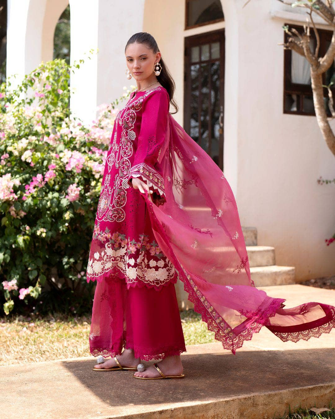 Restocked/Afsana Lawn by Nofha Official/Pink Ruby/Embroideried Chiffon Dupatta