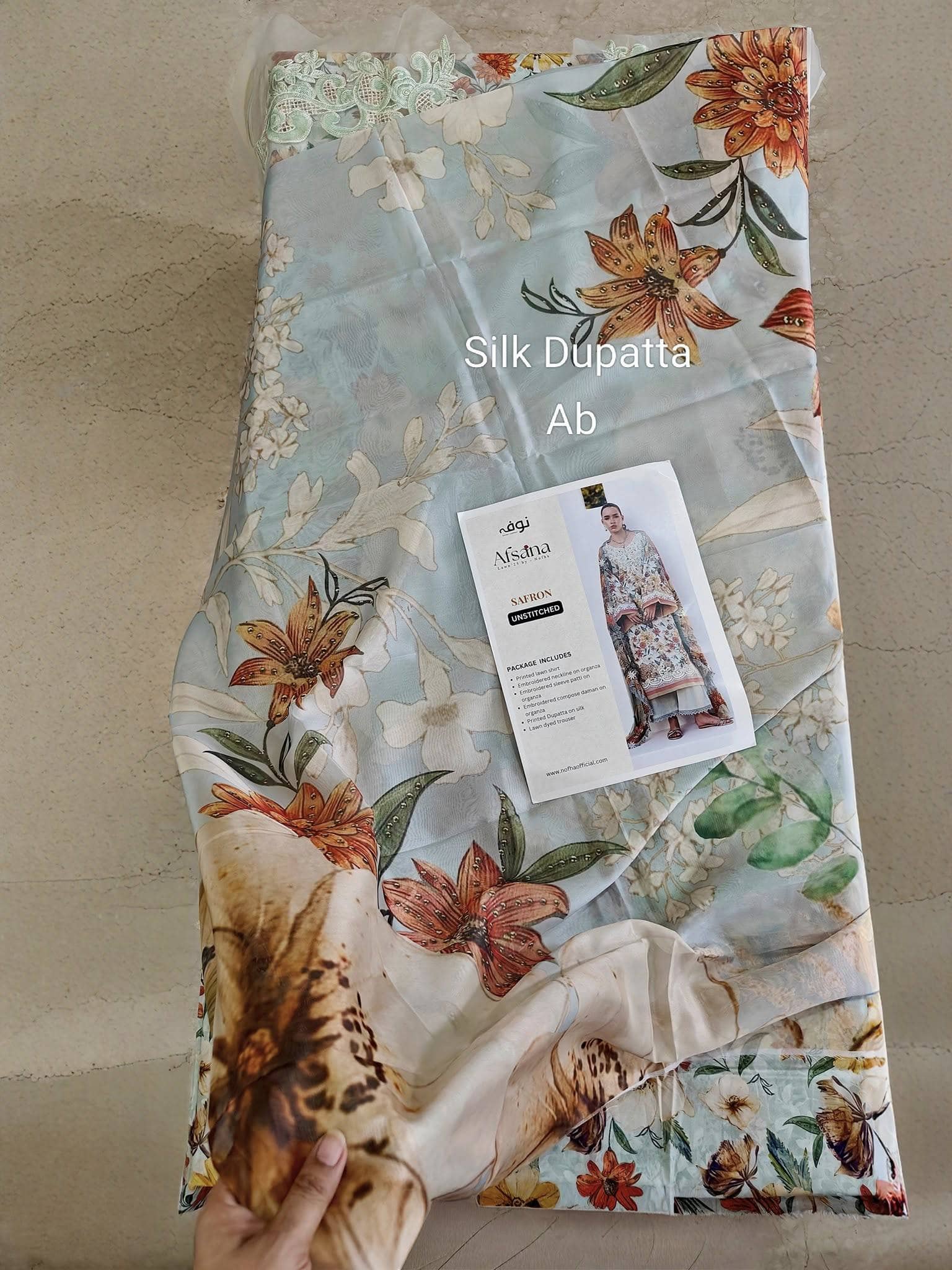 Nofha Official open pics Open Pic/Afsana Lawn by Nofha Official/Pearls/Silk Dupatta