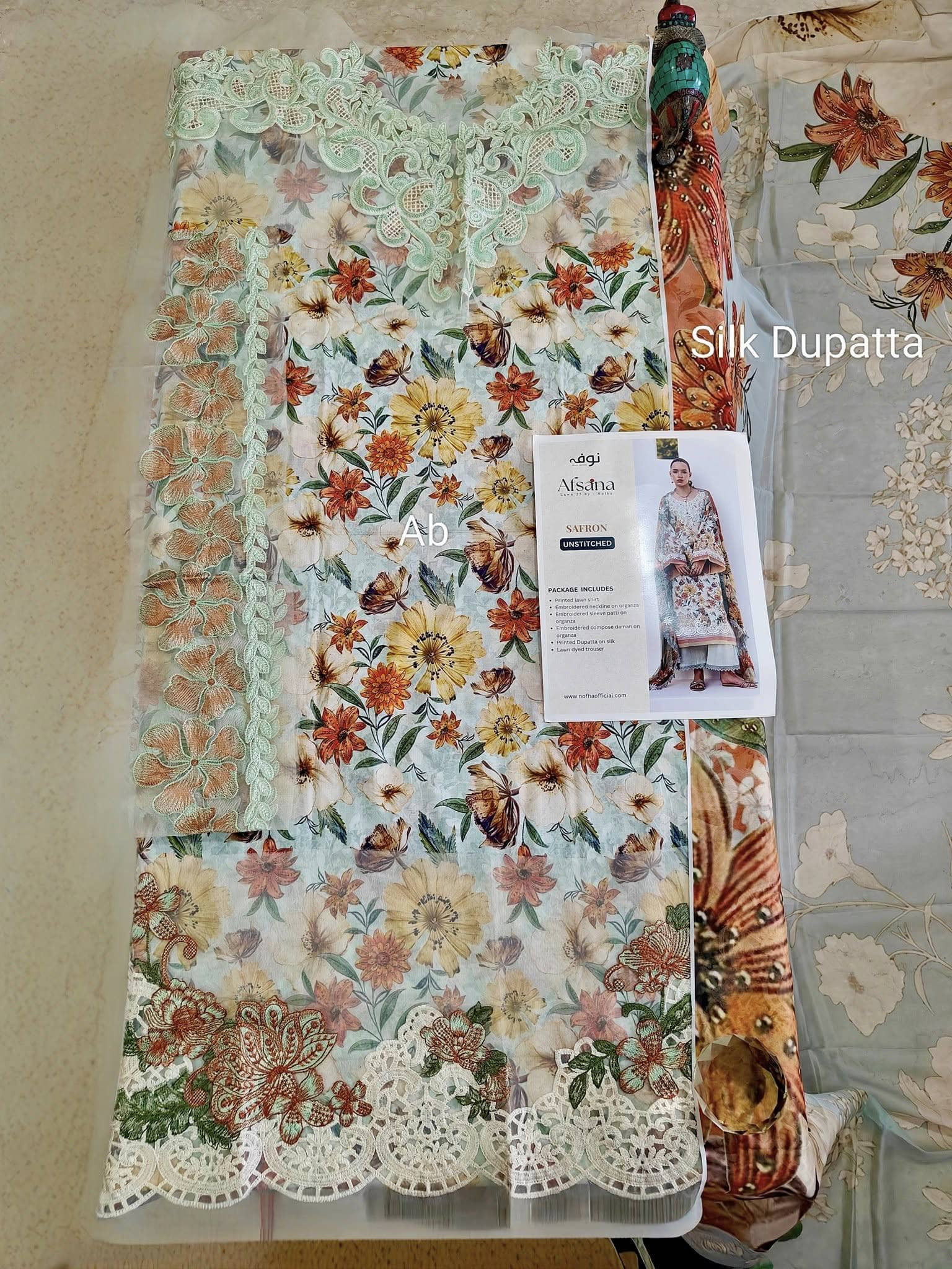 Nofha Official open pics Open Pic/Afsana Lawn by Nofha Official/Pearls/Silk Dupatta