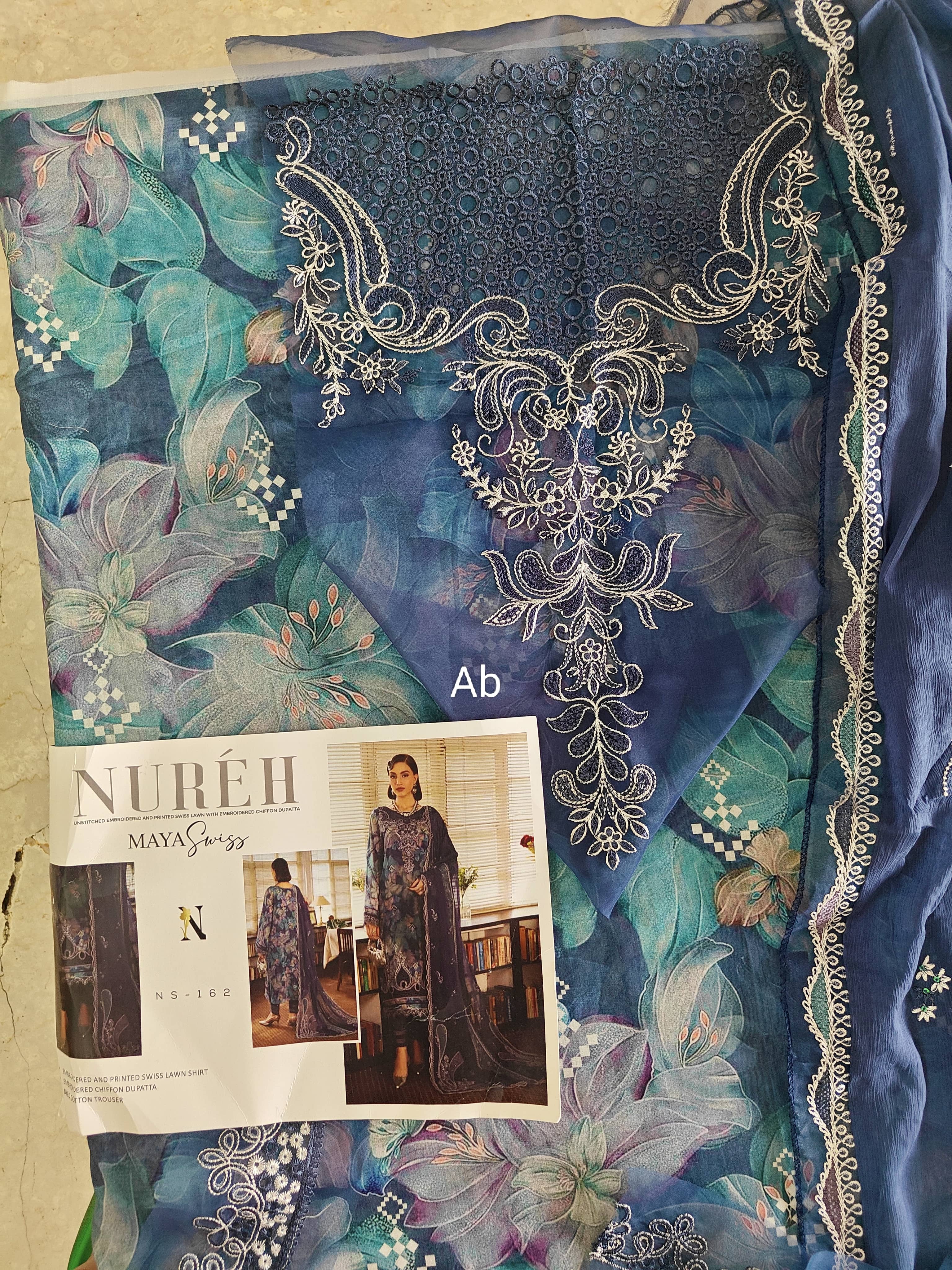 Open Pic/Nureh Maya Swiss Lawn 26/NS 162/Embroideried Chiffon Dupatta