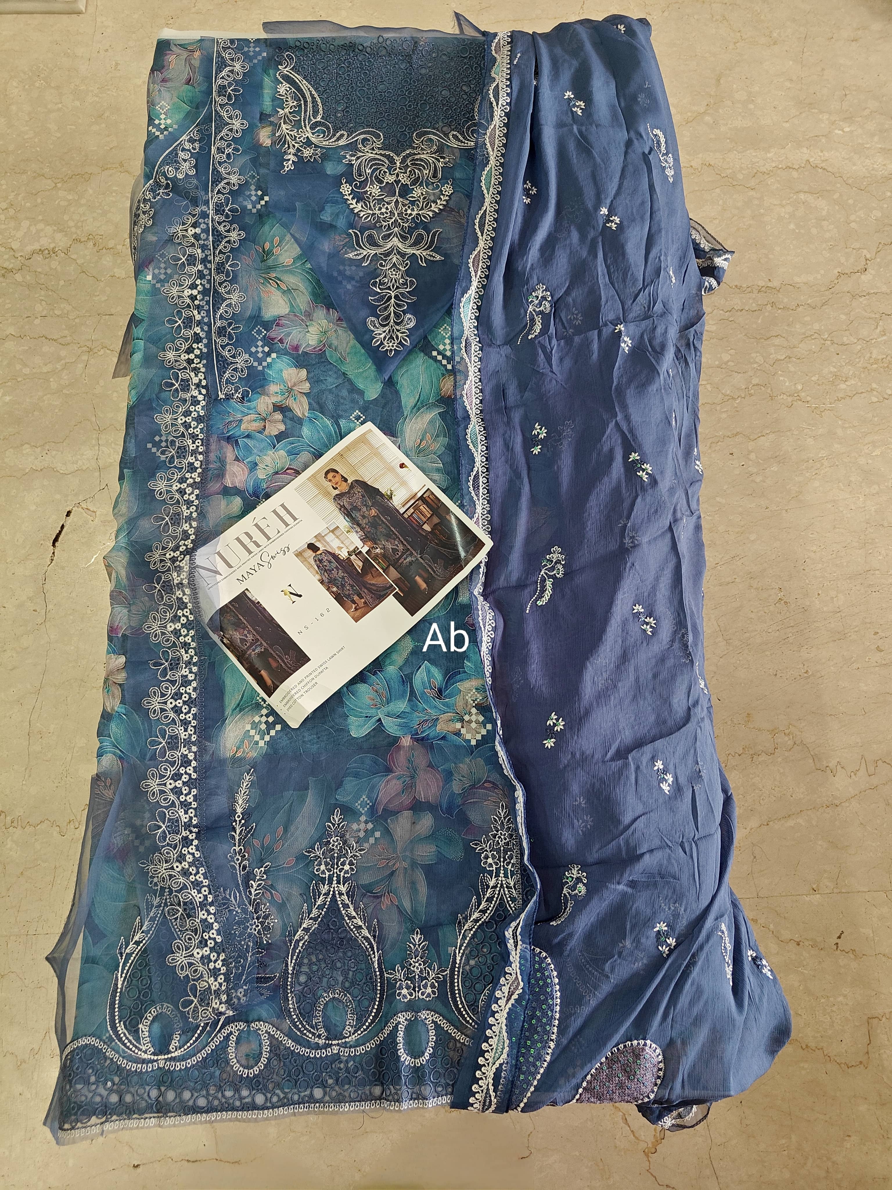 Open Pic/Nureh Maya Swiss Lawn 26/NS 162/Embroideried Chiffon Dupatta