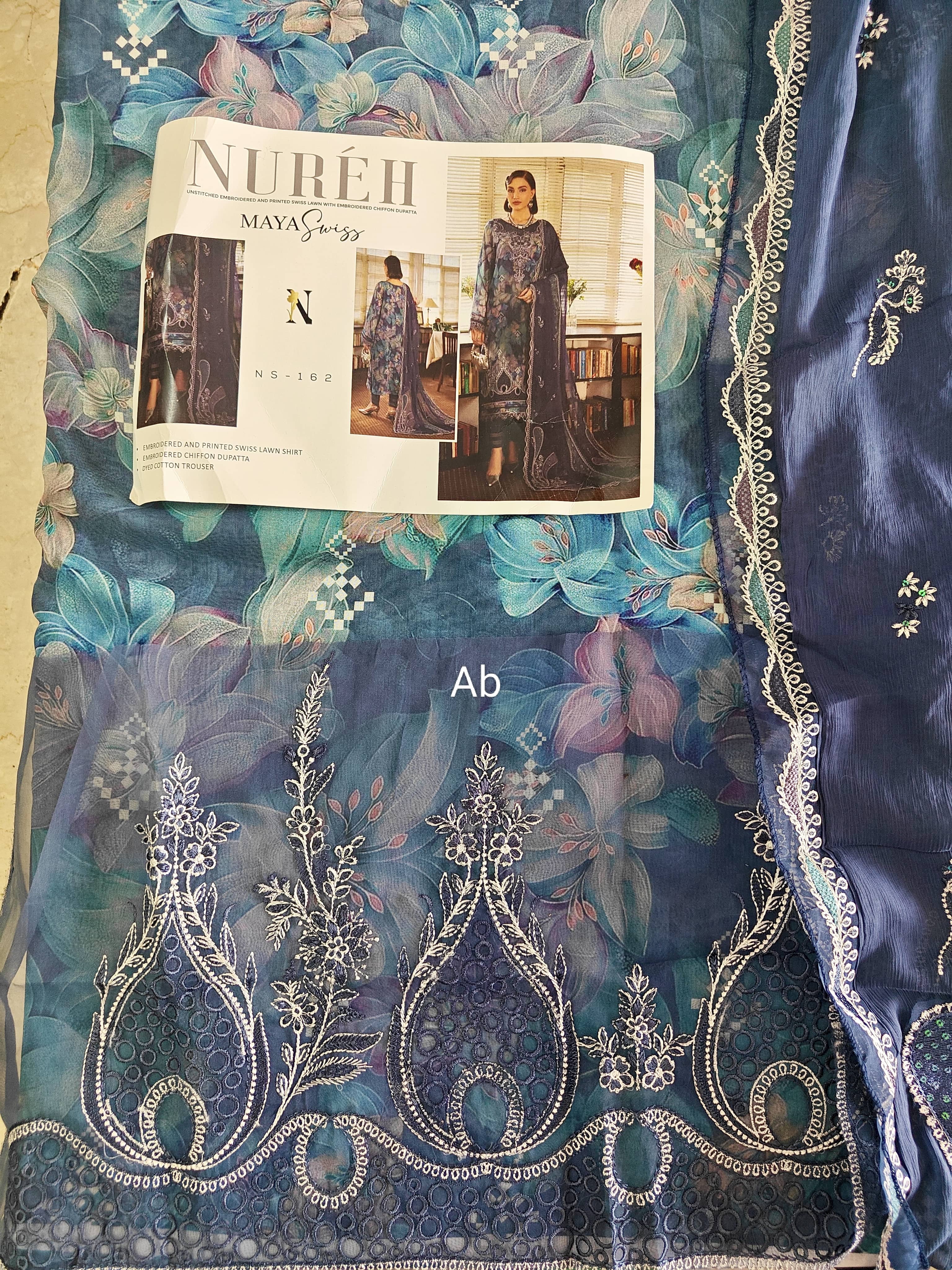 Open Pic/Nureh Maya Swiss Lawn 26/NS 162/Embroideried Chiffon Dupatta