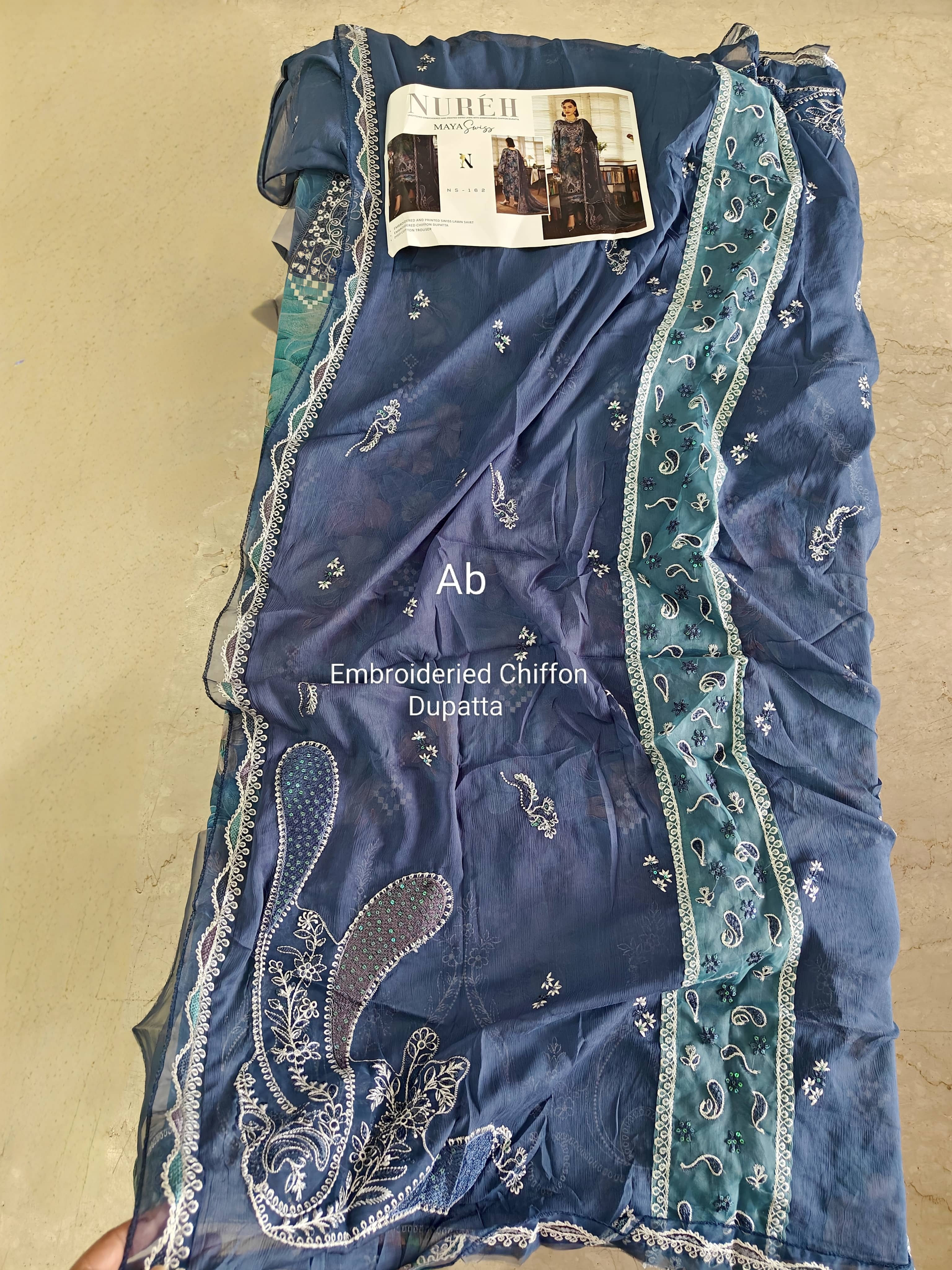 Open Pic/Nureh Maya Swiss Lawn 26/NS 162/Embroideried Chiffon Dupatta
