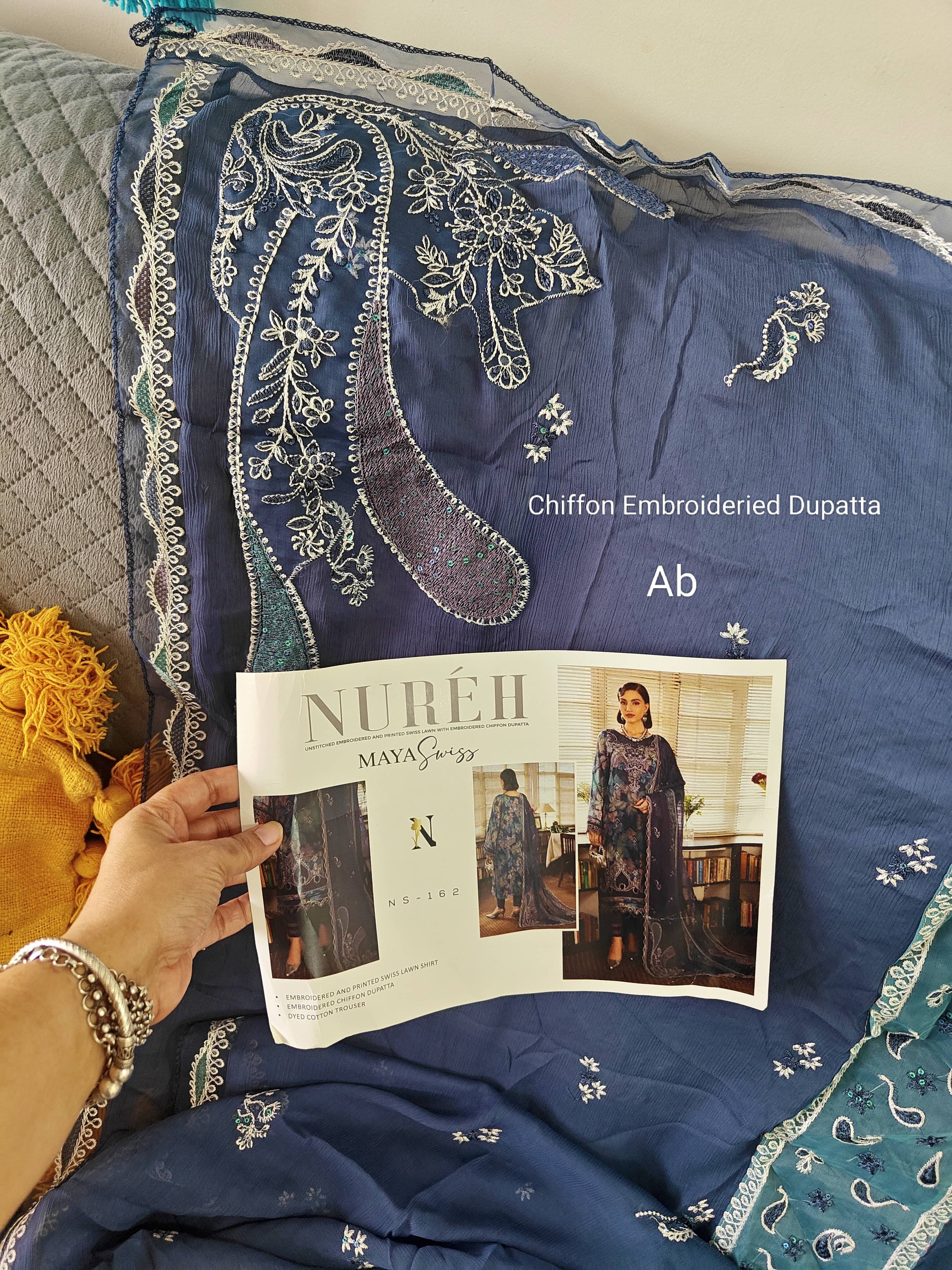 Open Pic/Nureh Maya Swiss Lawn 26/NS 162/Embroideried Chiffon Dupatta