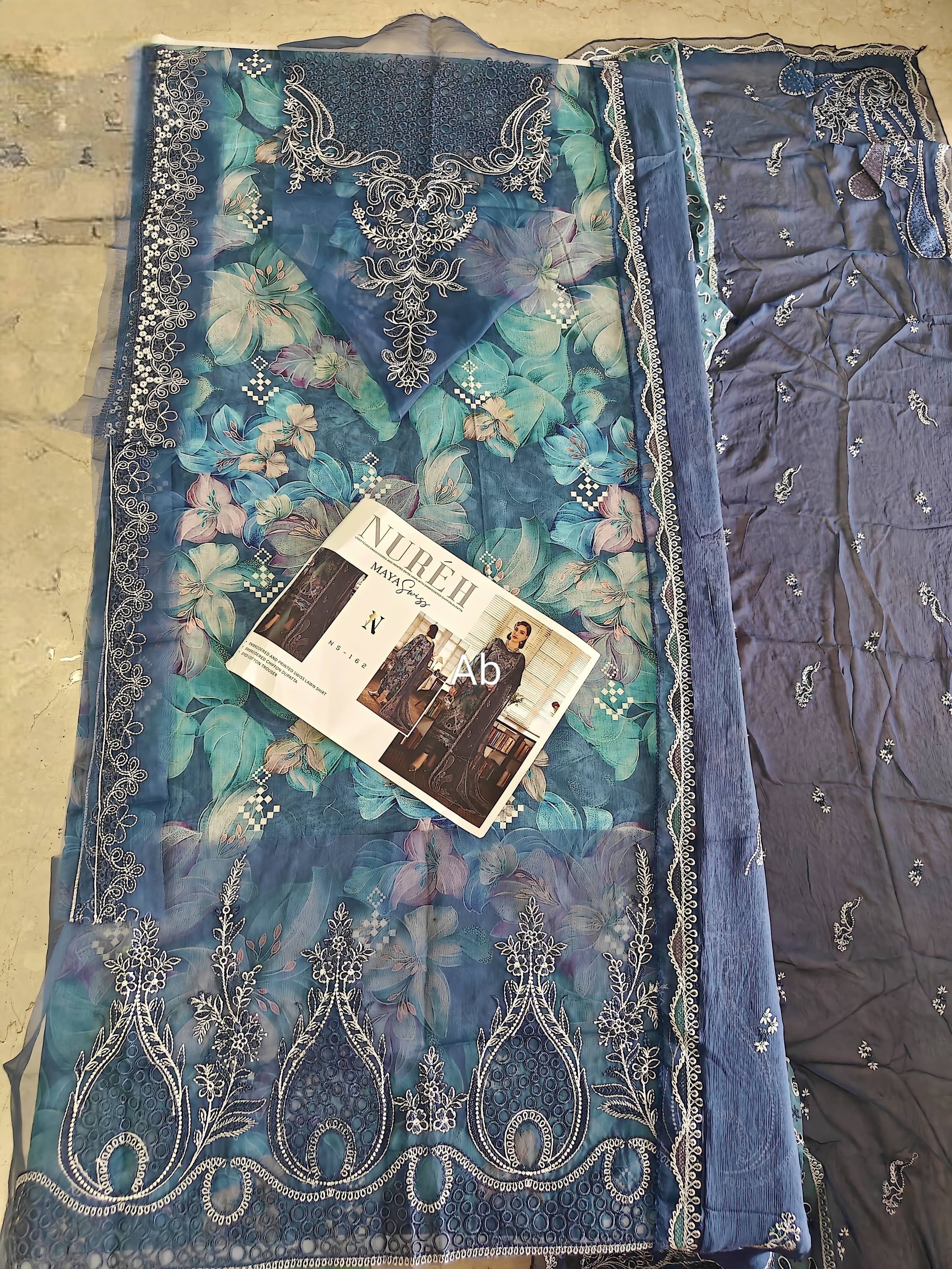 Open Pic/Nureh Maya Swiss Lawn 26/NS 162/Embroideried Chiffon Dupatta