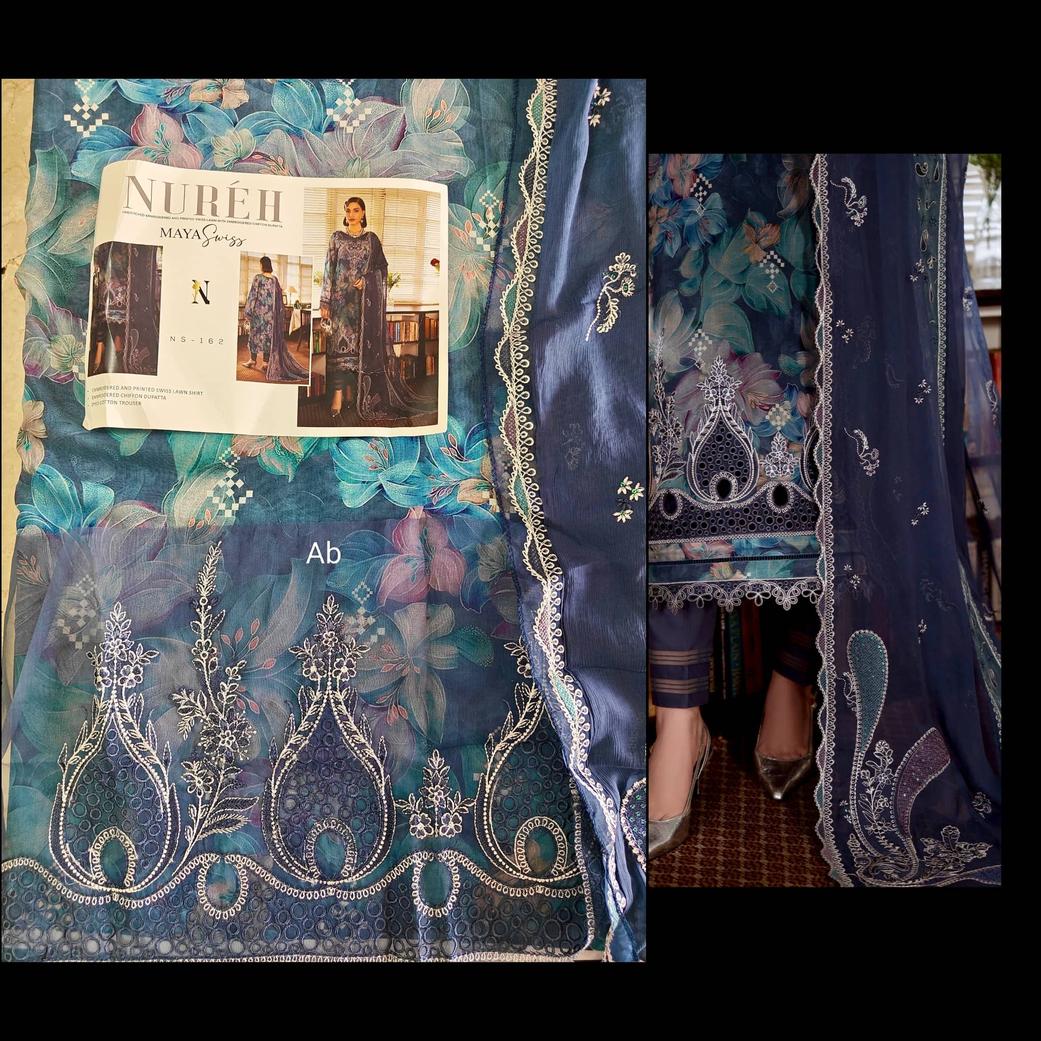 Open Pic/Nureh Maya Swiss Lawn 26/NS 162/Embroideried Chiffon Dupatta
