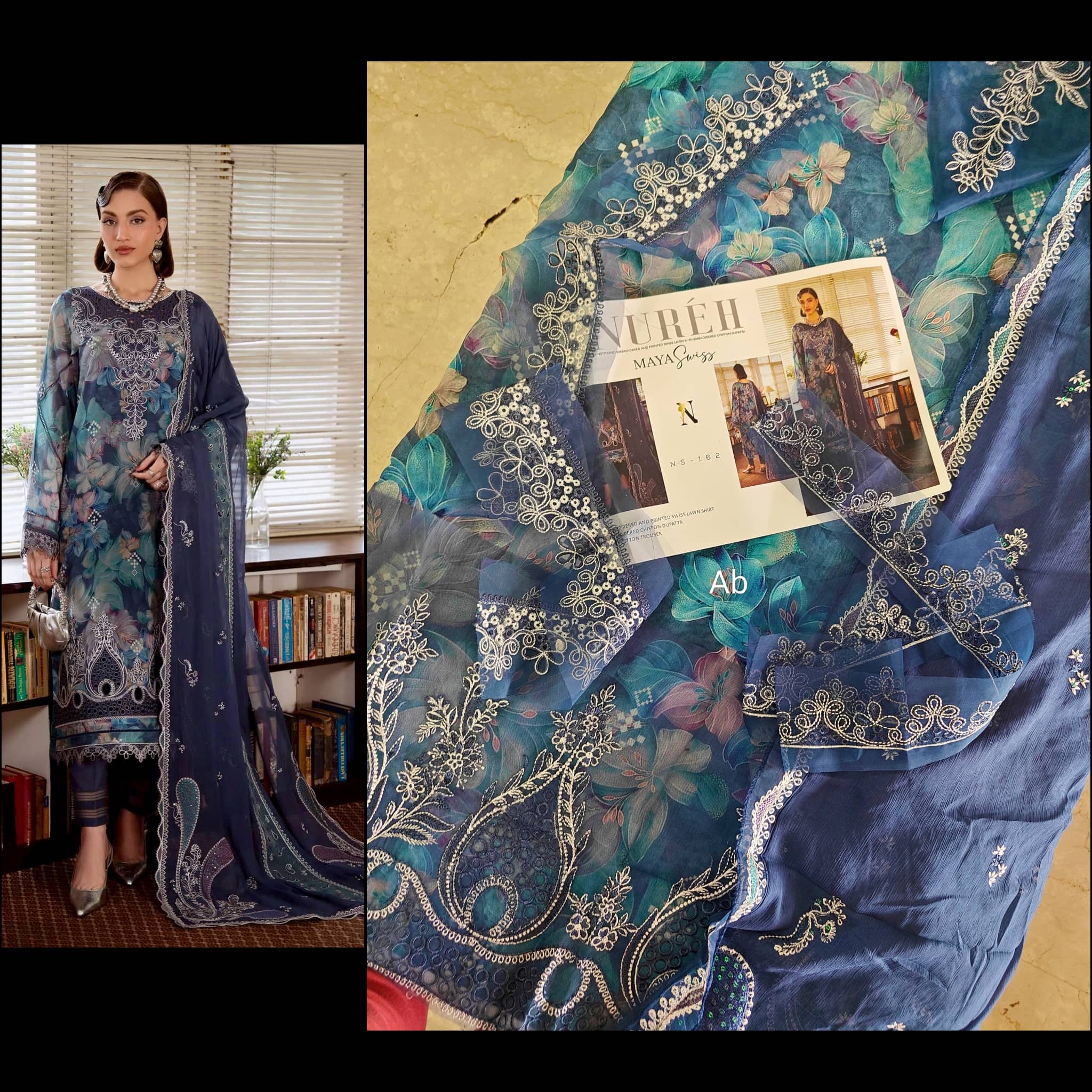 Open Pic/Nureh Maya Swiss Lawn 26/NS 162/Embroideried Chiffon Dupatta