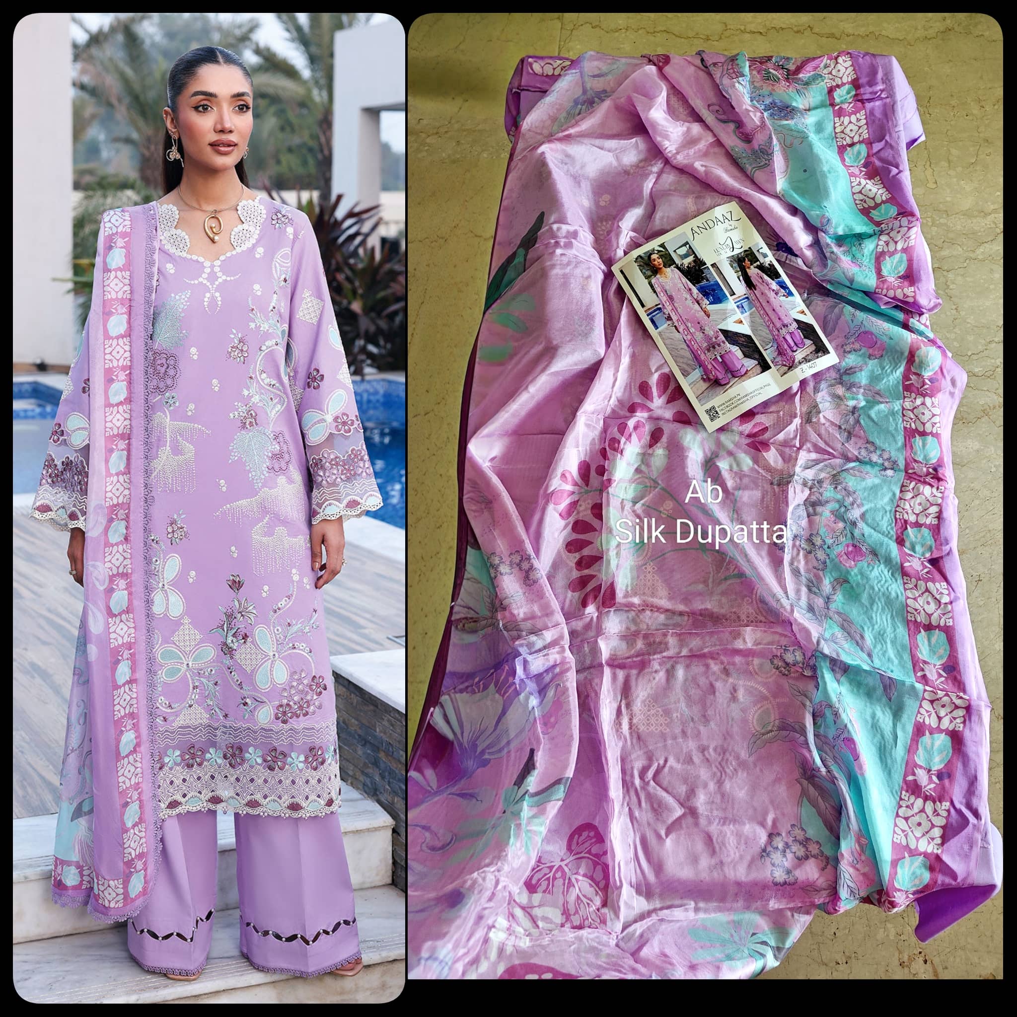 Sale‼️Open Pic/Ramsha Andaz Lawn 26/Z1407/Silk Dupatta