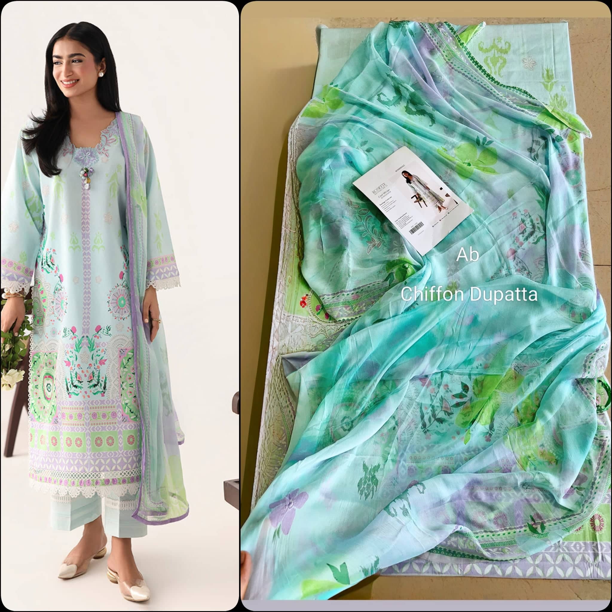 Open Pic/Roheenaz Rosette Lawn/Morning Dew/Chiffon Dupatta