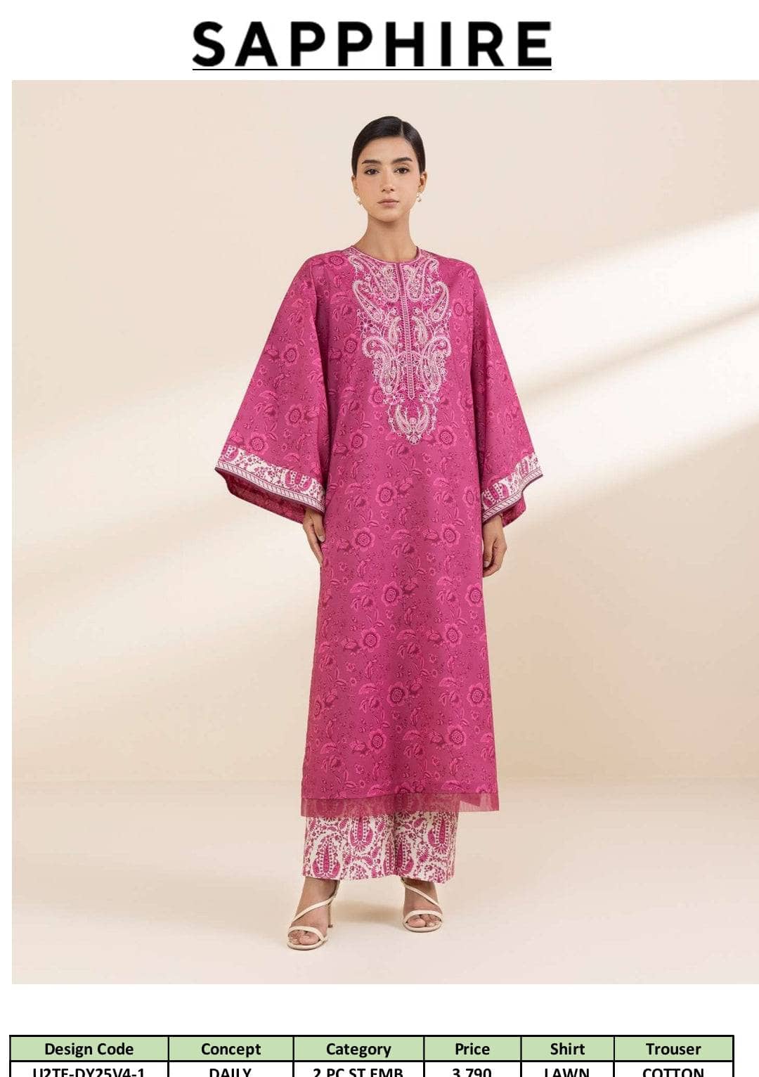 Sapphire Daily Embroidered Lawn Collection/Shirt Bottom Set