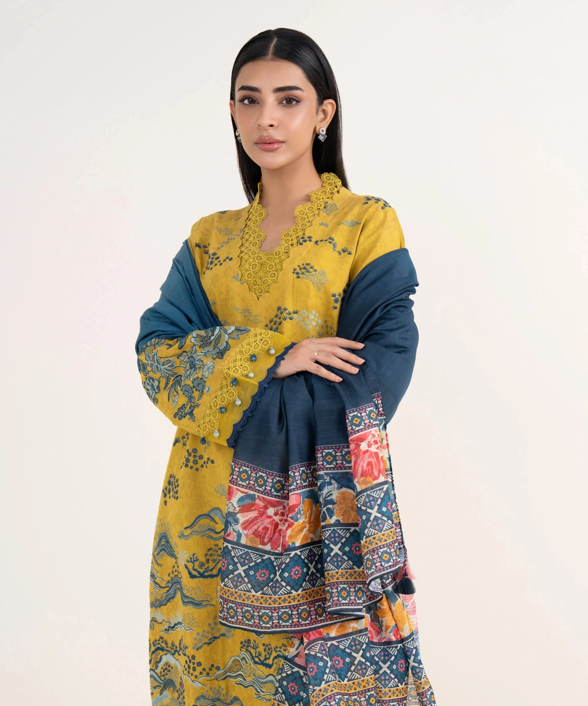 Sapphire Winter essentials/Embroideried Cotton Jacquard Suit/0U3PE-ST25V-73/Mustard Blue