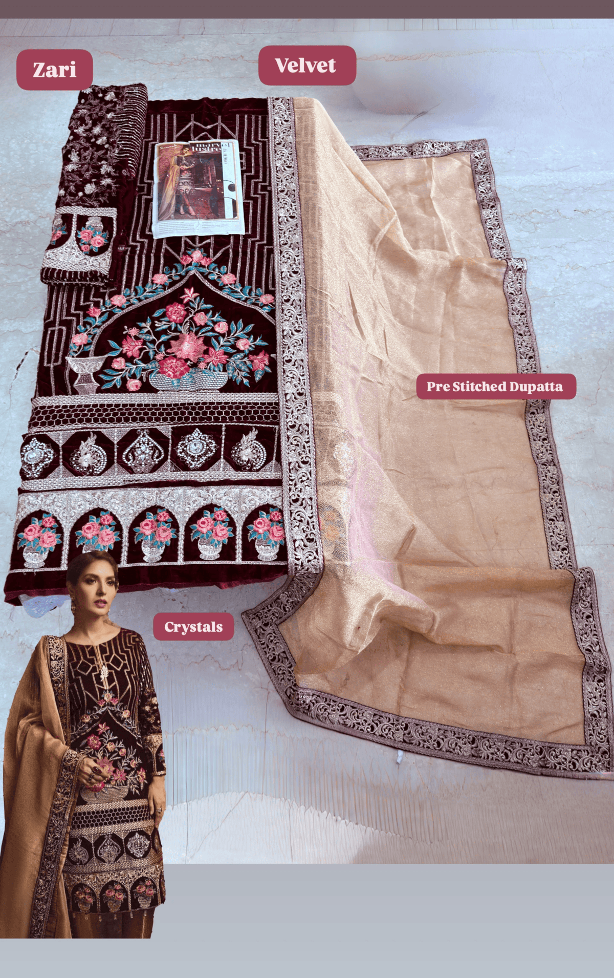 Open Pic/Sale‼️Serene Premium Velvet/Crystal & Zari/Maroon & Gold/SPM18F 06 06