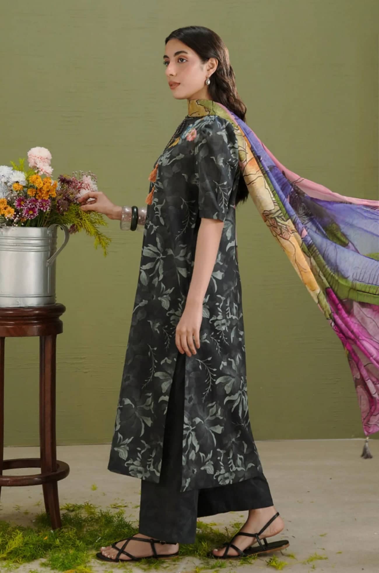 Zara Shahjahan 26 Drop 1/Gece 5B/Charcoal-Powder Pink/Silk Dupatta