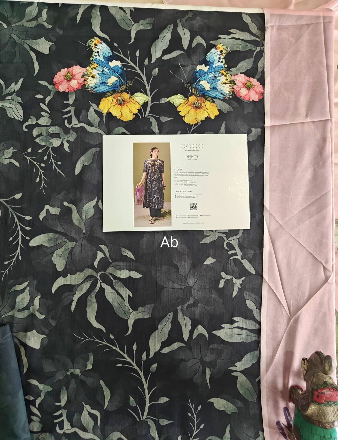 Open Pic/Zara Shahjahan 26 Drop 1/Gece 5B/Charcoal-Powder Pink/Silk Dupatta