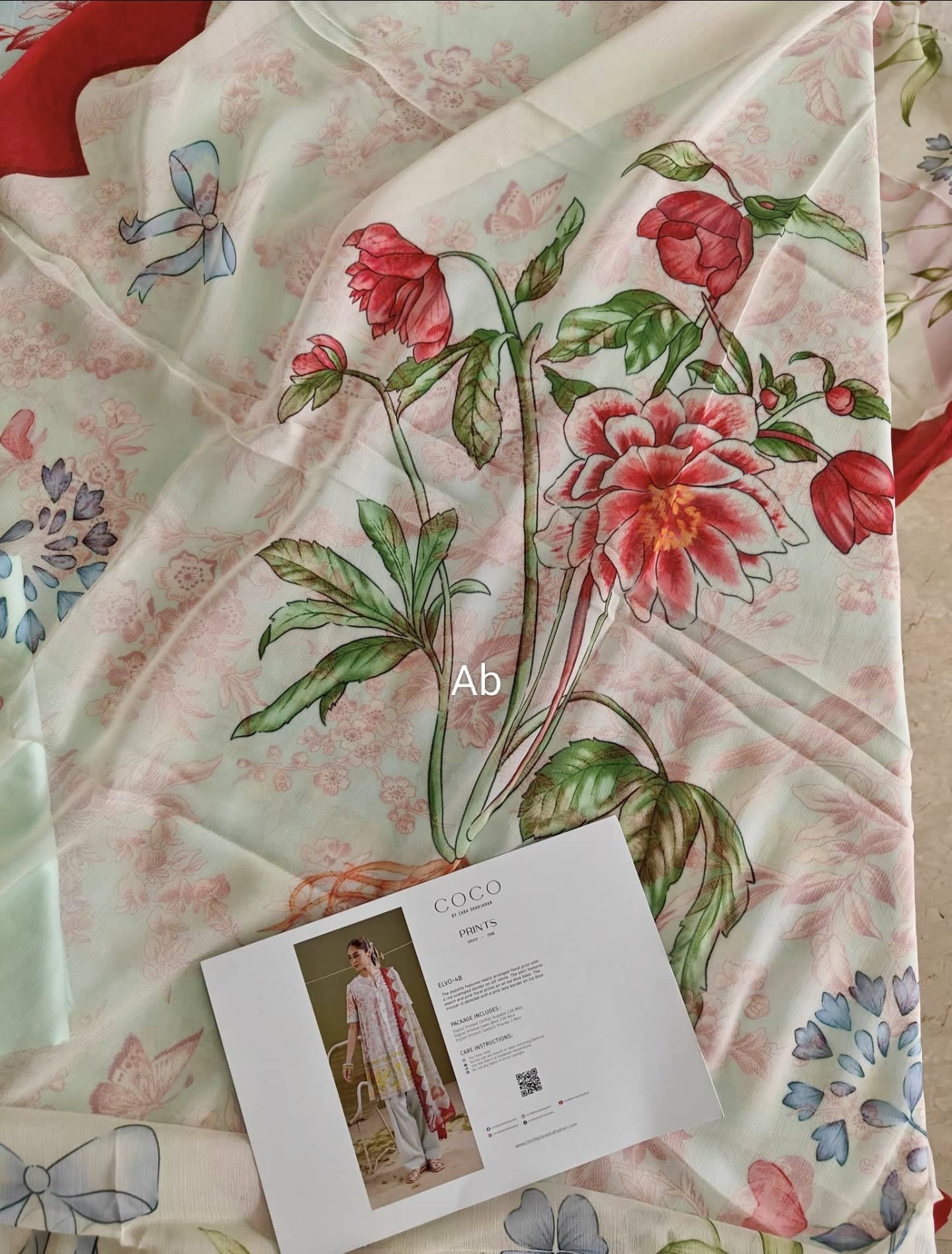 Sale‼️Open Pic/Zara Shahjahan Coco Prints/Elvo 4B/Ice Blue/Chiffon Dupatta