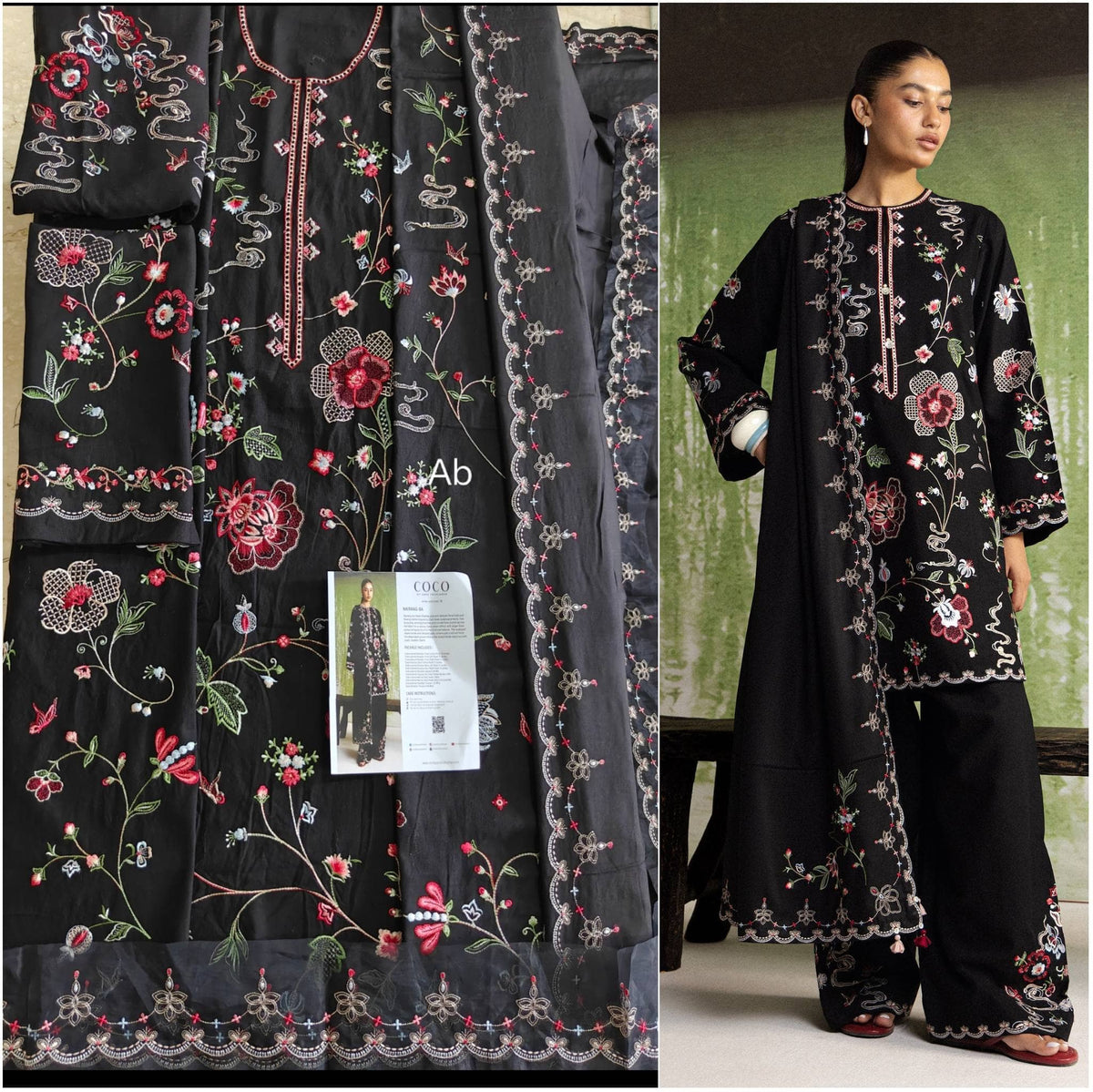 Open Pic/Hot🔥Seller/Zara Shahjahan Coco Winter 26/Embroideried/Nairang 8A/Black/Botanical Details