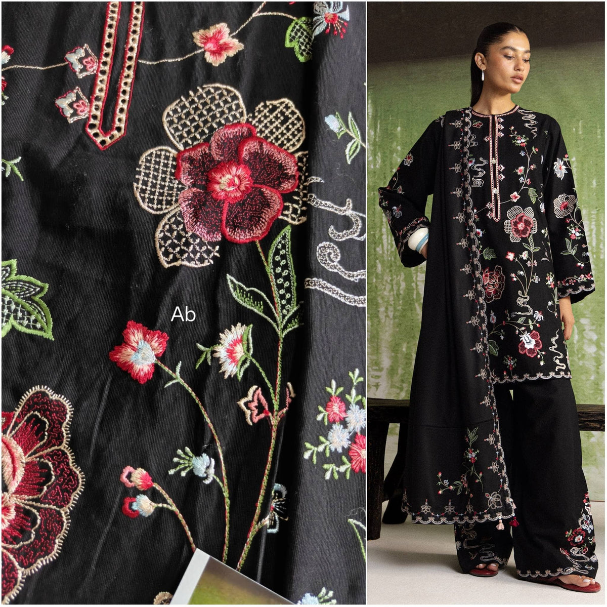 Open Pic/Hot🔥Seller/Zara Shahjahan Coco Winter 26/Embroideried/Nairang 8A/Black/Botanical Details