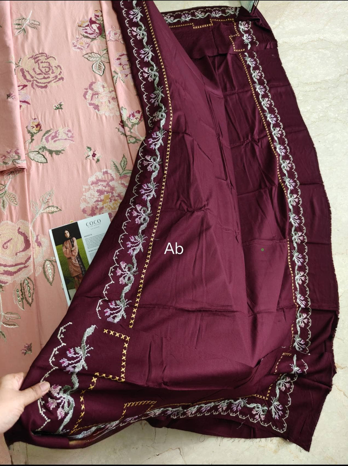 Open Pic/Zara Shahjahan Coco Winter 26/Embroideried/Raksha 3A/Dusty Pink/Bold Cross Stitch Florals