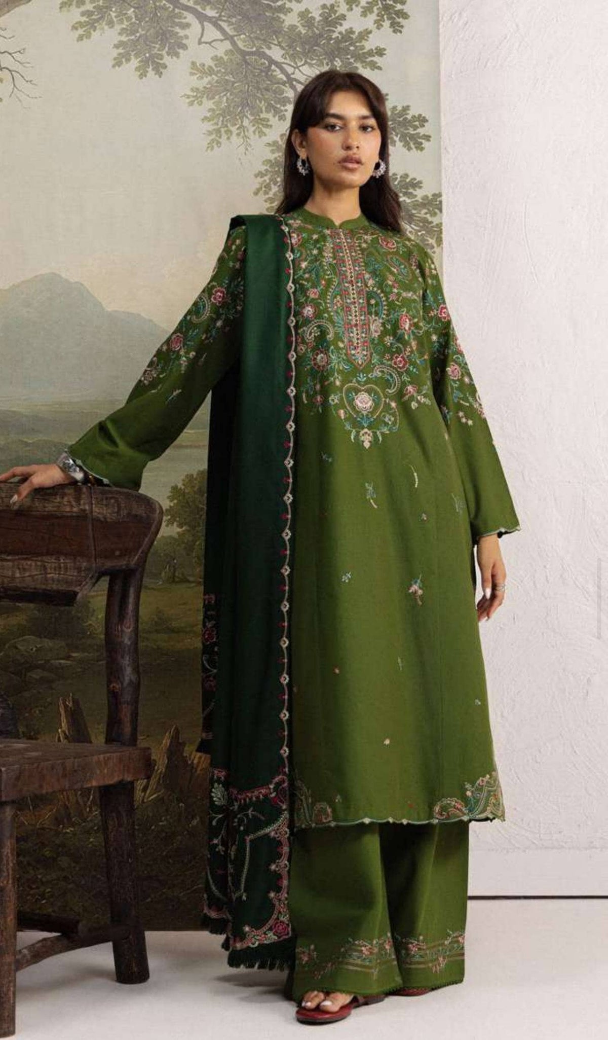 Zara Shahjahan Coco Winter 26/Embroideried/5B/Shab/Forest Green/Delicate Florals & Paisleys